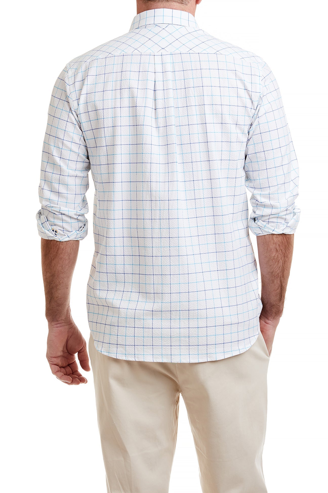 Blue and Navy Windowpane Seersucker Chase Shirt - Perfect for Summer Casual Wear & Outdoor Events