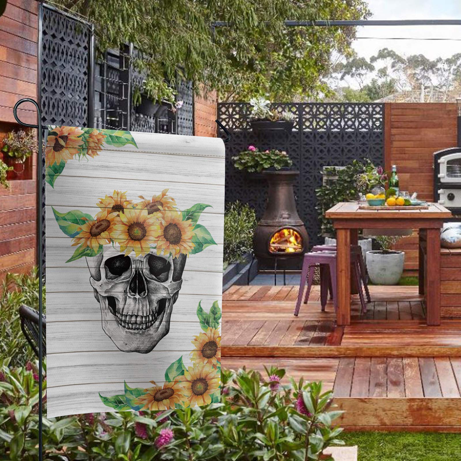 Vintage Sunflower Wreath Skull Skeleton Vertical Garden Flag - Double Sided Waterproof Seasonal Yard Decoration for Indoor Outdoor Courtyard - Perfect for Halloween, Fall Decor, and Gothic Home Décor