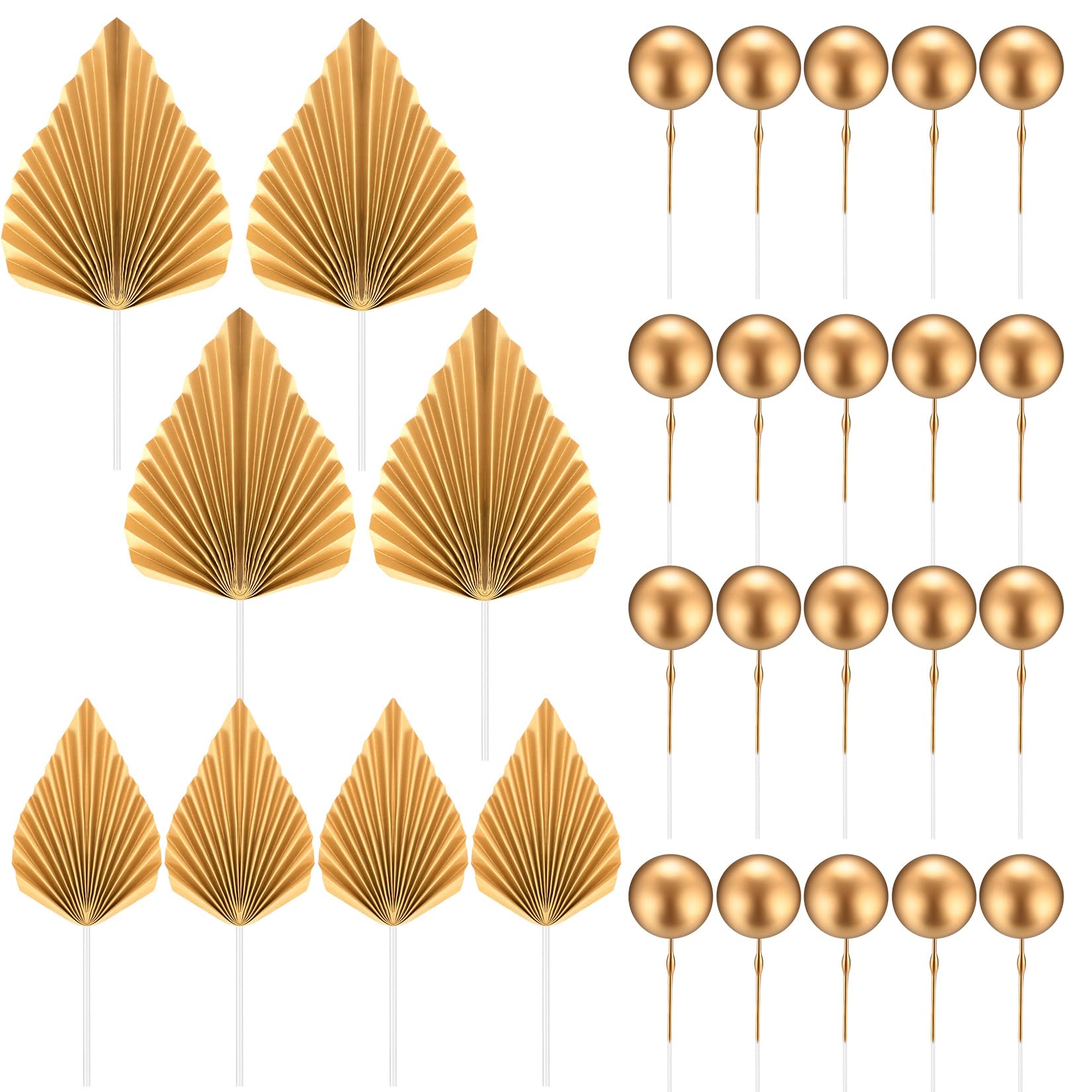 20 Pcs Gold Balls & 8 Pcs Gold Palm Leaves Cake Toppers - Foam Ball & Paper Leaf Cake Decorations for Birthday, Baby Shower, Wedding Party - Perfect for Tropical Theme, DIY Dessert Decor, and Celebration Cakes