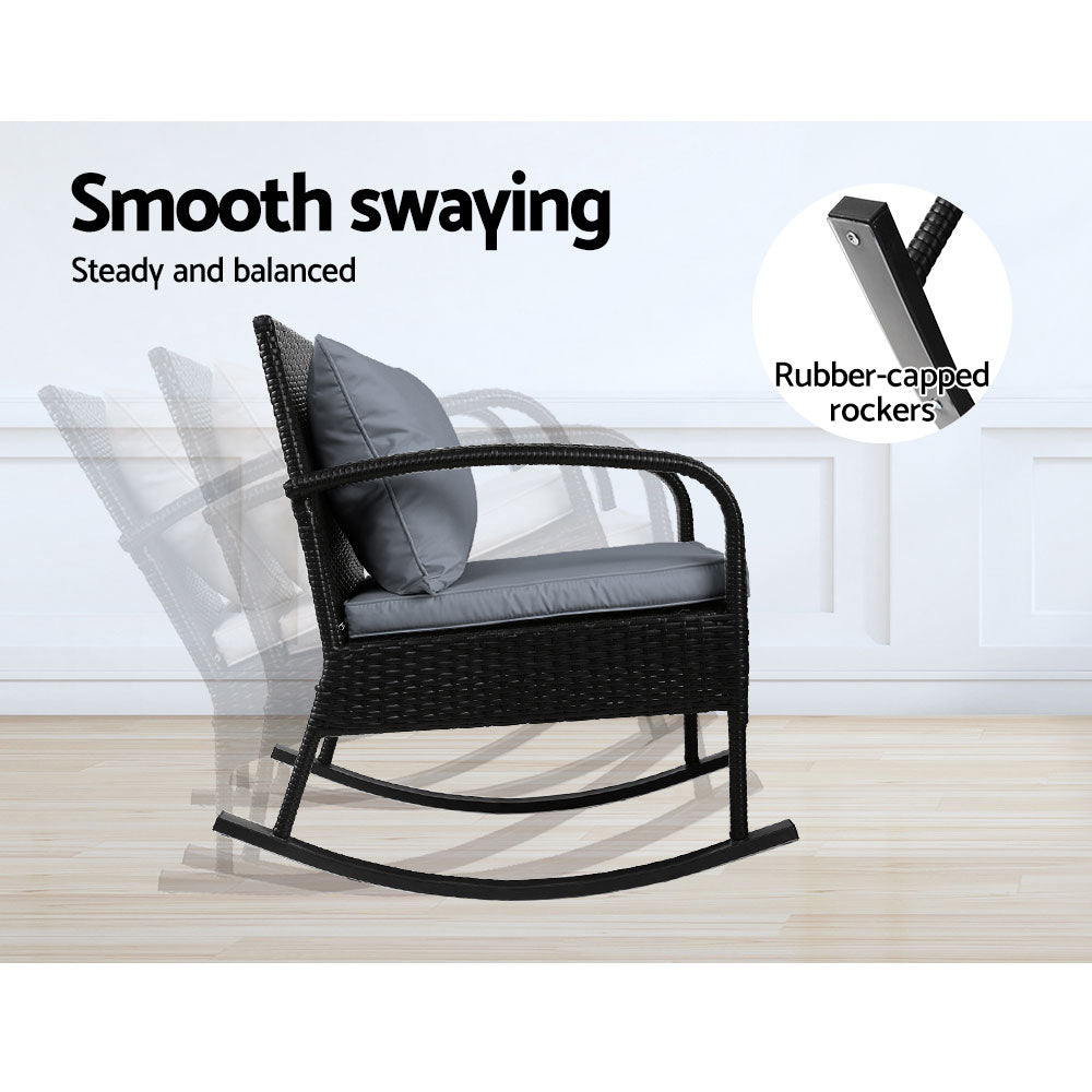 3-Piece Wicker Rocking Chair Patio Set with Table - Black Outdoor Furniture for Garden, Porch, and Backyard Relaxation