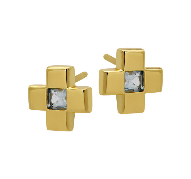 Blue Topaz Cross Stud Earrings - Goldbug Collection | Hypoallergenic Sterling Silver Jewelry for Women | Perfect for Church, Weddings & Everyday Wear