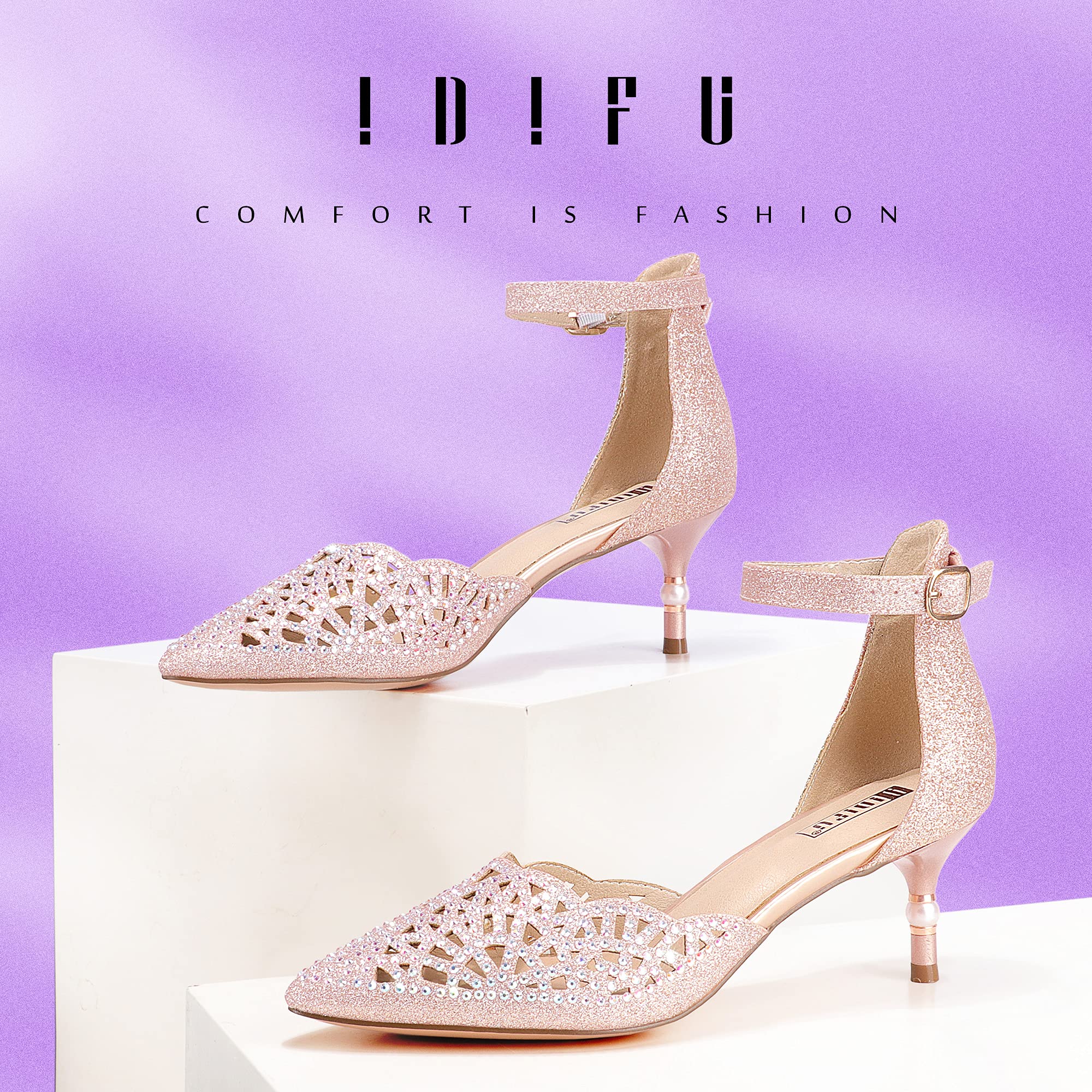 IDIFU Women's Rhinestone Sequins Kitten Heel Pumps - Elegant Wedding Shoes for Bride, Bridesmaid & Evening Party | Comfortable Low Heel Dress Shoes for Prom, Cocktail & Formal Occasions