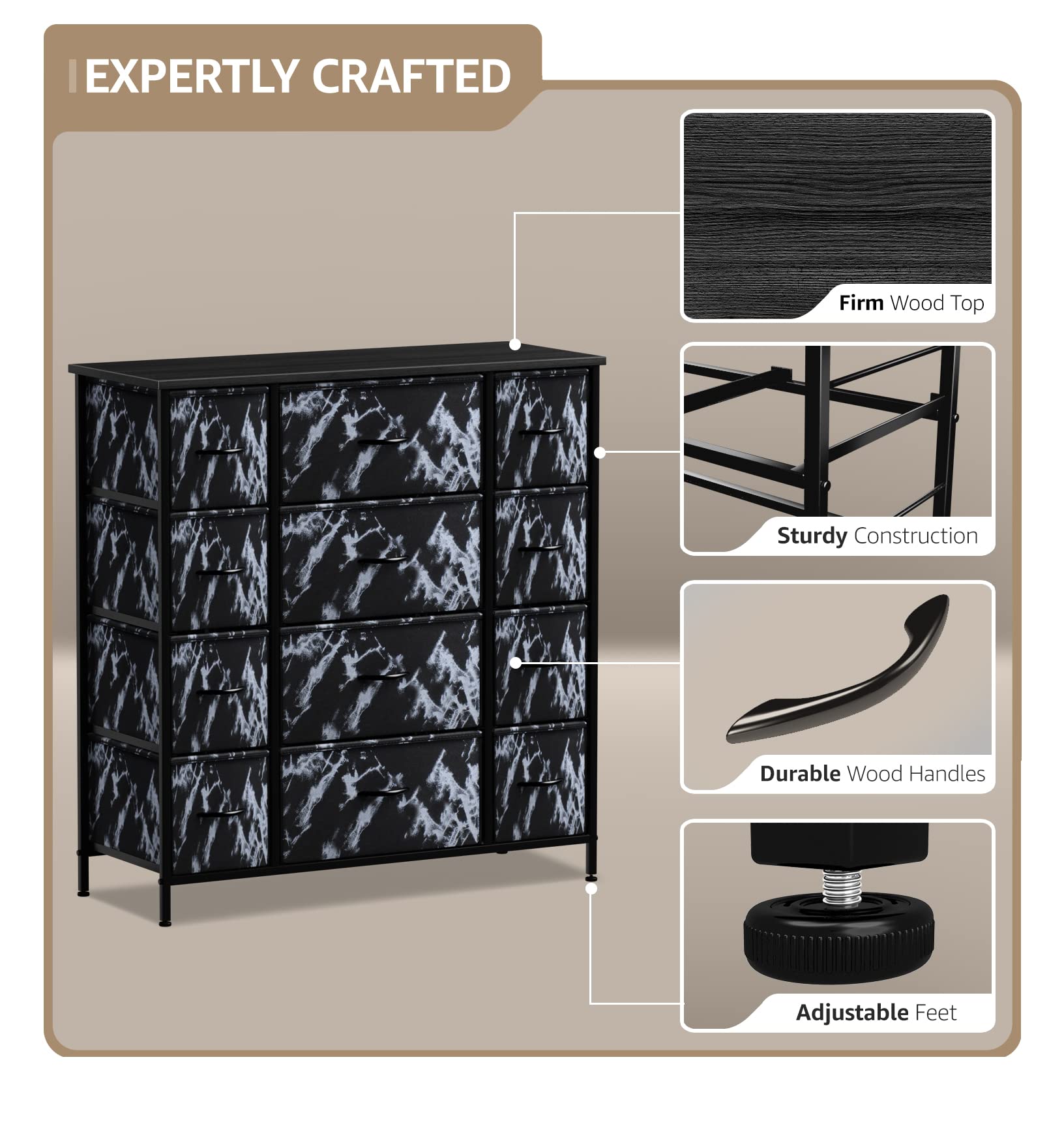 Sorbus 12-Drawer Dresser Organizer - Sturdy Steel Frame with Wood Top & Easy Pull Fabric Bins for Clothes Storage - Large Bedroom, Living Room, Nursery & Closet Storage Furniture - Perfect for Organizing Clothes, Toys & Home Essentials
