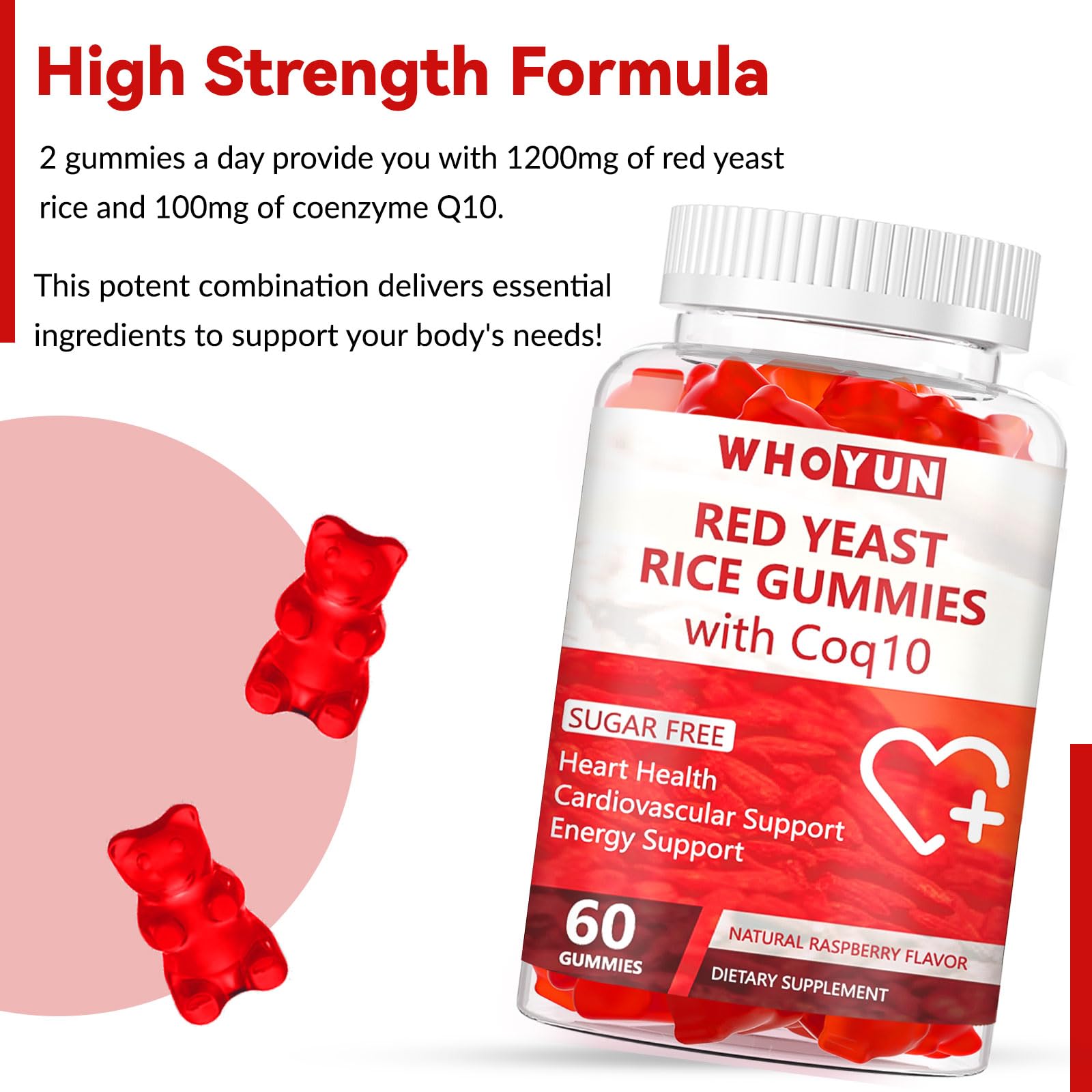 Red Yeast Rice with CoQ10 Sugar-Free Gummies - Natural Cholesterol Supplement for Heart Health Support - 60 Chewable Gummy Vitamins - Perfect for Daily Wellness & Cardiovascular Care