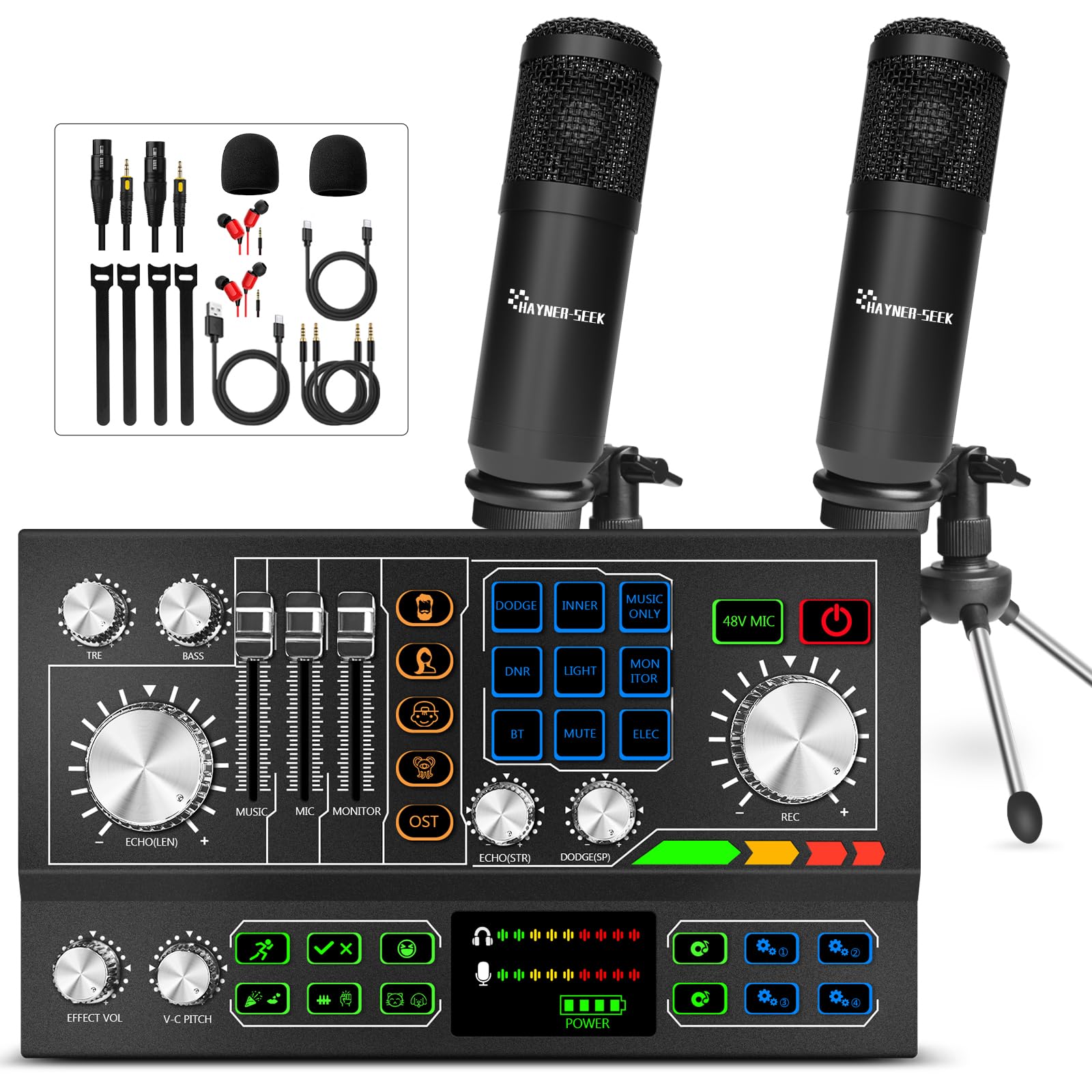 Professional Podcast Equipment Bundle for 2 - Audio Interface with 48V Phantom Power, Voice Changer, 3.5mm Condenser Mic & Dual Bluetooth Wireless - Perfect for PC/Smartphone/Laptop Streaming, Recording, TikTok Videos & YouTube Content Creation