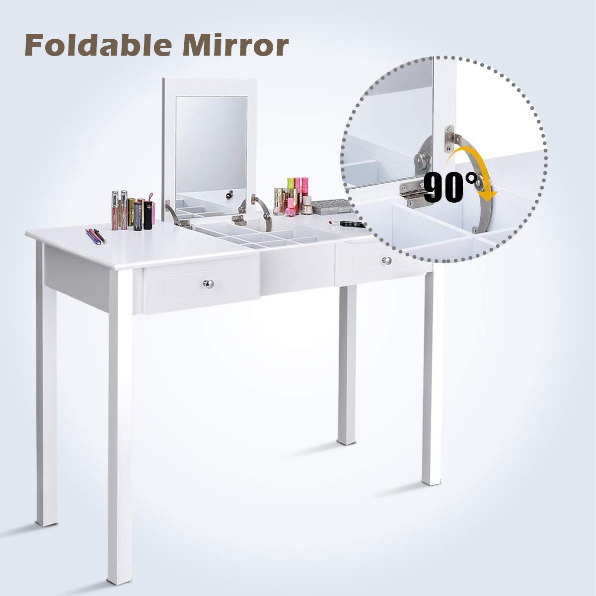 GOFLAME Vanity Table with Flip Top Mirror & 9 Organizers - Makeup Dressing Table with 2 Drawers for Cosmetics Storage - Sturdy White Writing Desk for Bedroom - Easy Assembly Beauty Station for Makeup Lovers & Home Office Use
