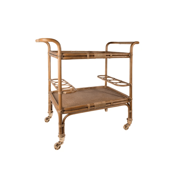 Stylish Carlo Rattan Bar Cart with Wheels - Perfect for Home Bars, Outdoor Entertaining & Living Room Decor