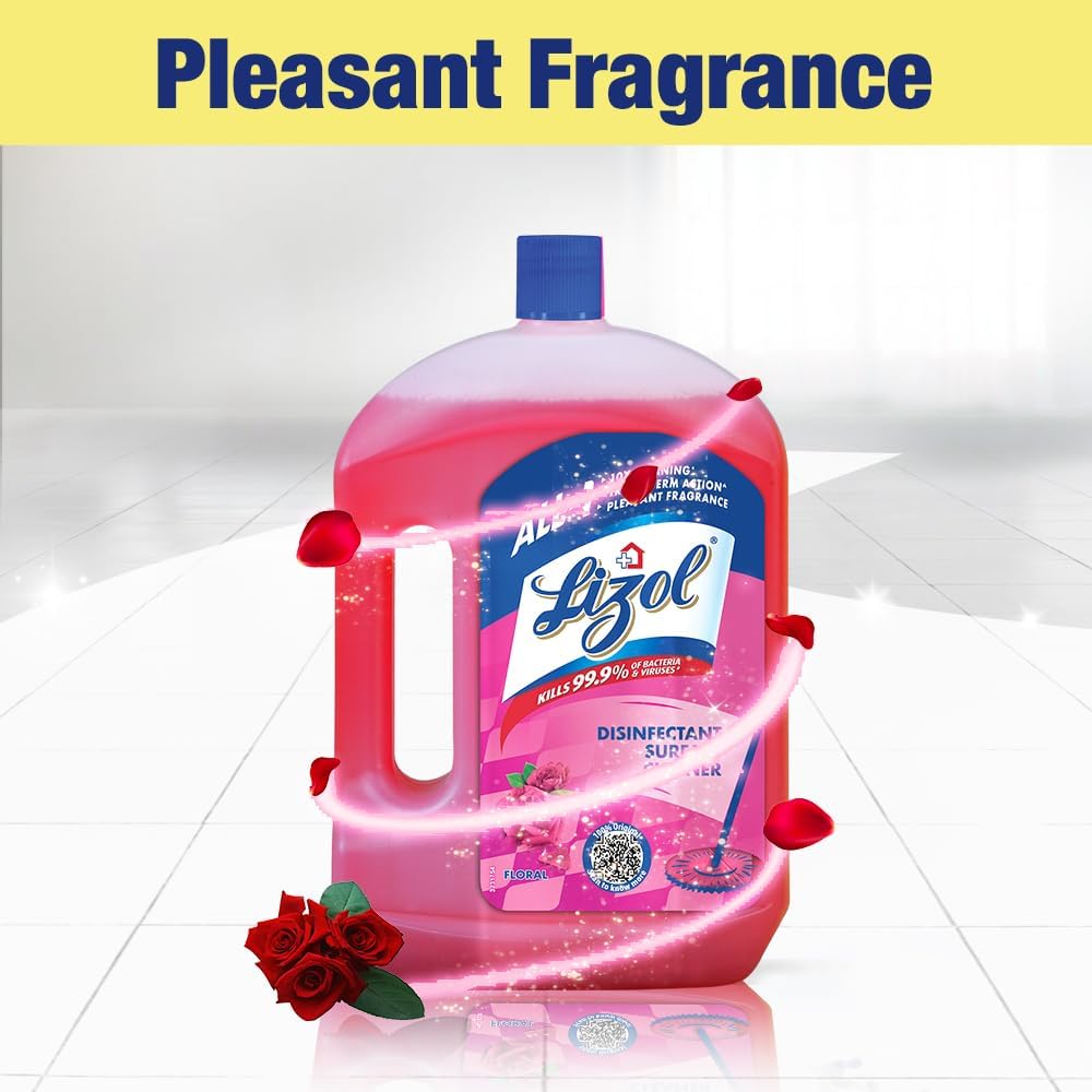 Lizol Disinfectant Surface & Floor Cleaner Liquid - Floral Scent 2L + Lizol Kitchen Cleaner Spray 450ml (2-Pack) with Free Scotch-Brite Sponge Wipe | Multi-Purpose Cleaning for Home, Kitchen, Bathroom & Floors