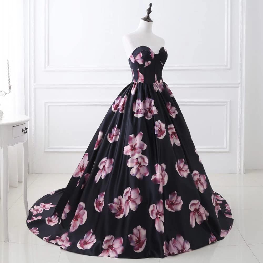 Elegant Floral Printed Sweetheart Prom Gowns for Women - Long Evening Dresses with Train for Brides & Formal Events | Perfect for Weddings, Proms & Special Occasions