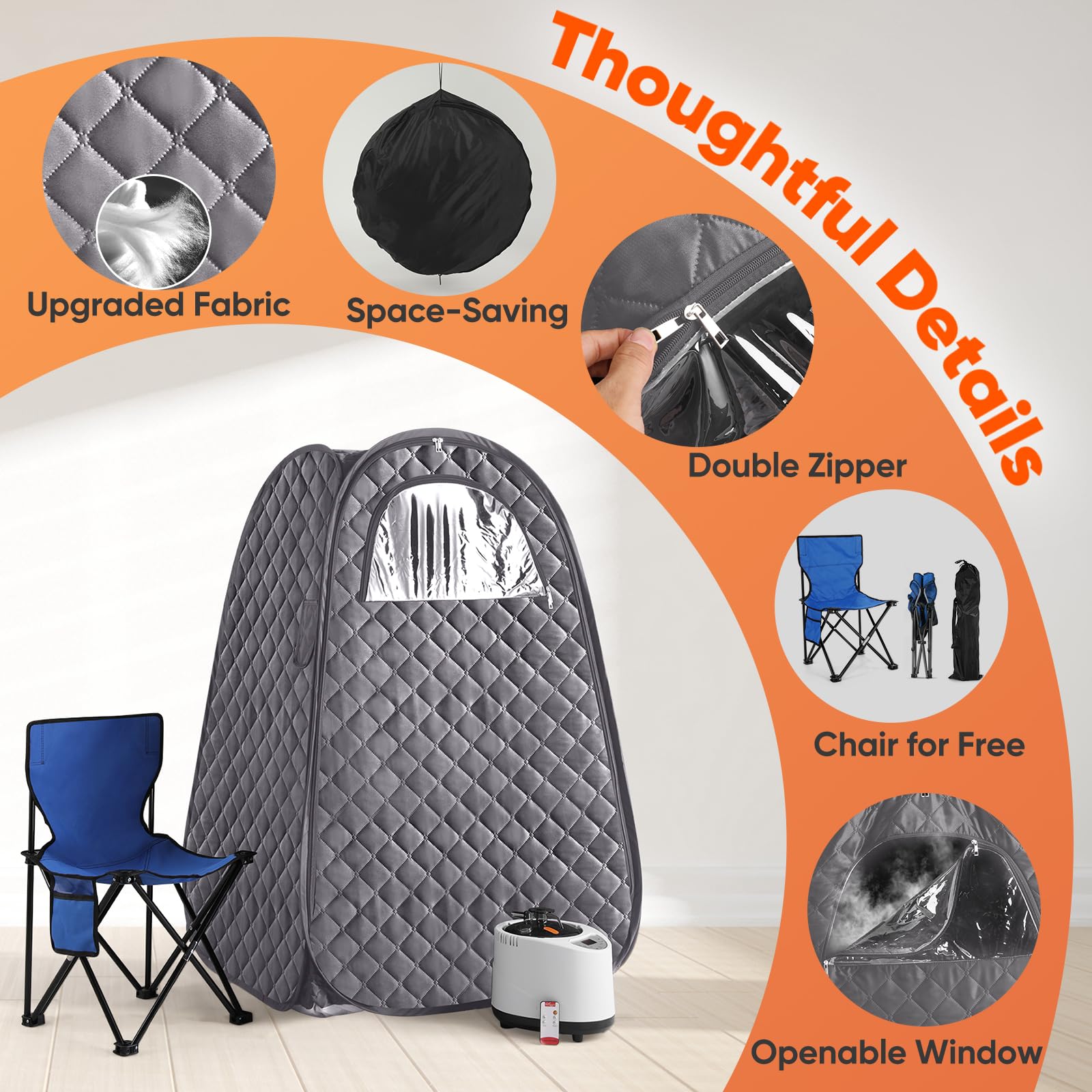 Portable Steam Sauna Tent for Home - 2.6L 1000W Full Body Sauna Box with Steamer, 90 Minute Timer, Chair & Remote Control - Extra Large Personal Sauna for Relaxation, Detox & Weight Loss (Grey)
