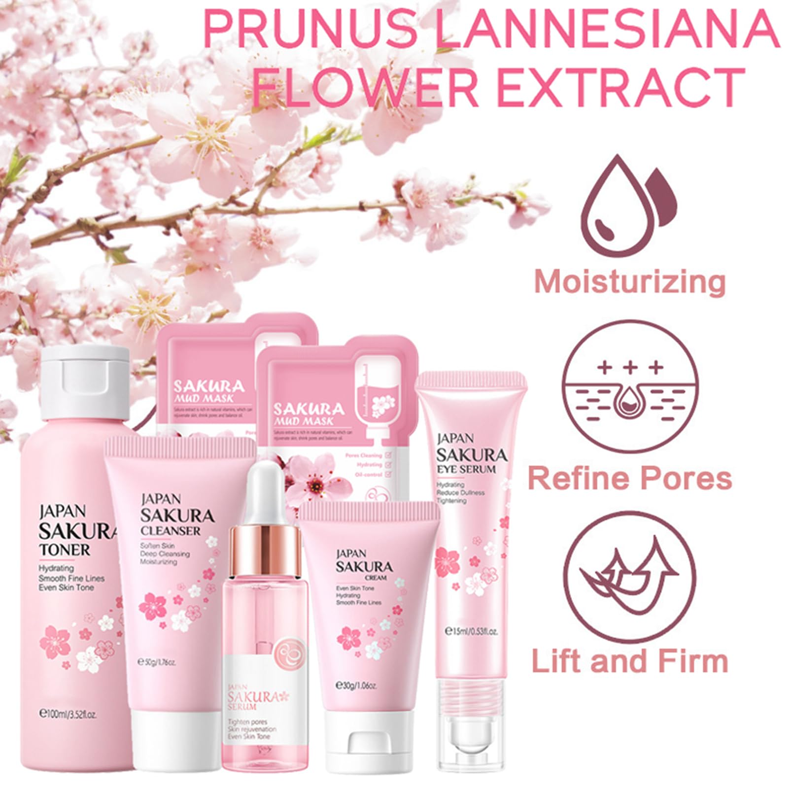Sakura Women's Skincare Gift Set - Korean Beauty Kit with Cleanser, Serum, Face Cream, Toner, Eye Cream & Mud Mask - Complete Daily Skincare Routine for Dry & Sensitive Skin - Perfect for Hydration & Anti-Aging (Cherry Blossom Scent, One Size)
