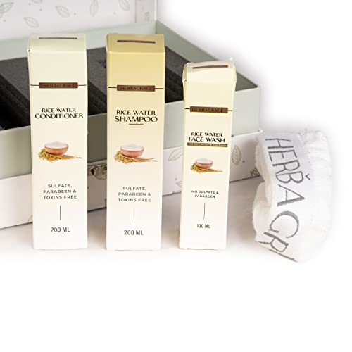Herba Grace Rice Water Skincare & Haircare Gift Set - 200ml Rice Water Shampoo & Conditioner, 100ml Rice Water Face Wash with 600 GSM Face Towel | Valentine's Day Gift for Men & Women | Perfect for Daily Hair Care & Facial Cleansing Routine