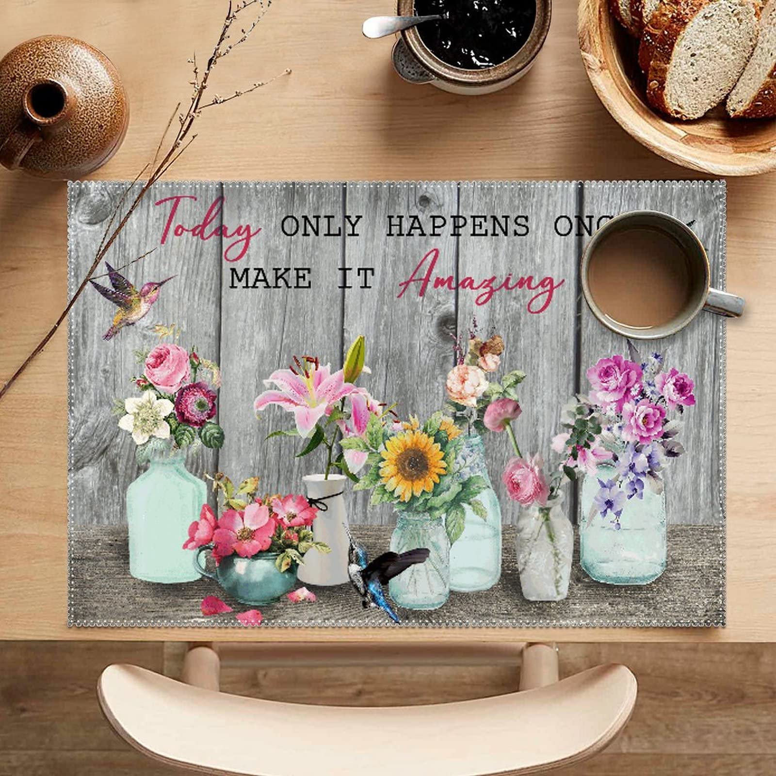 4-Pack Heat Resistant Hummingbird Floral Placemats - Waterproof Outdoor Dining Mats for Kitchen, Banquet & Picnic Use - Elegant Table Decor Set for Everyday Meals and Special Occasions