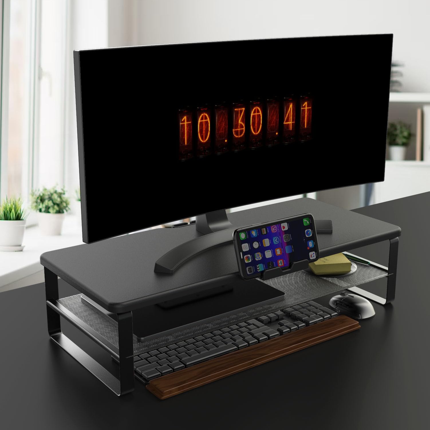 Doowiit 2-Tier Monitor Stand with Drawer, Phone Holder & Cable Management - Adjustable Desk Riser for Computer Monitor, Laptop, Printer | Home Office Organization Solution for Workspace & Gaming Setup (Black)