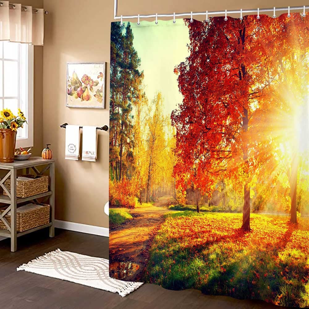 JAWO Waterproof Fall Shower Curtain - Golden Autumn Forest Leaves Design, 72x72 Inches Bathroom Decor with 12 Hooks | Farmhouse Style Polyester Fabric for Cozy Autumn Bathroom Atmosphere
