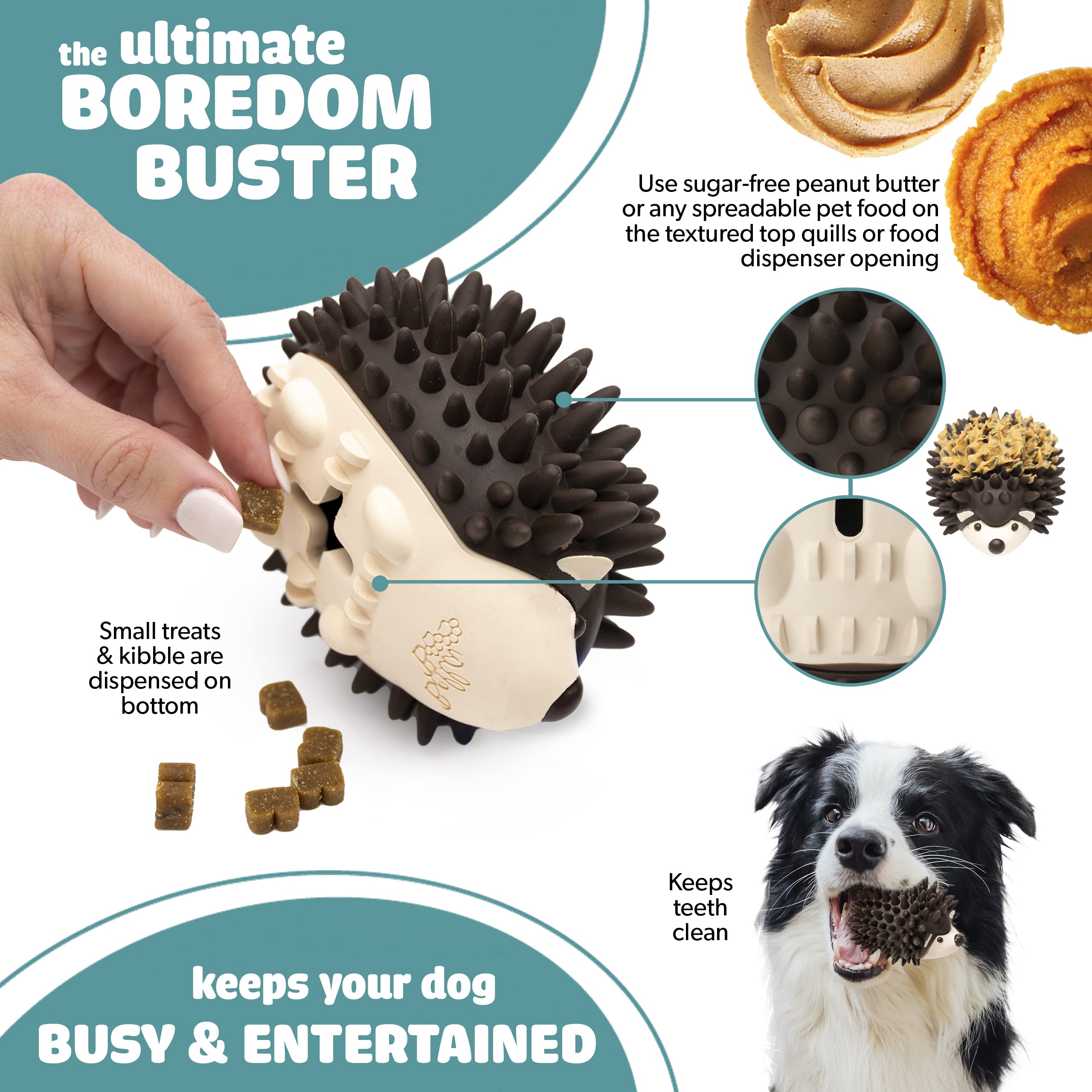 Bella Boo Pets Interactive Dog Toy for Strong Chewers - Durable Freddy The Hedgehog Treat Ball, Slow Feeder & Dental Chew Toy for Medium & Large Breed Dogs - Mental Stimulation & Teeth Cleaning - Perfect for Puzzle Play & Mealtime Fun (Brown)