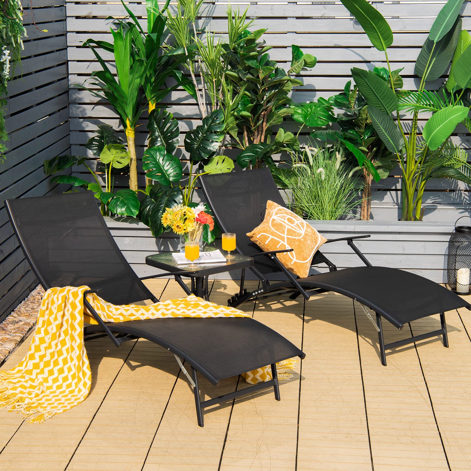 Tangkula 2-Piece Patio Chaise Lounge Set - Foldable Stackable Outdoor Chaise Lounge Chairs with Breathable Fabric & 5-Level Adjustable Backrest - Perfect for Poolside, Backyard, Garden Relaxation (Black)