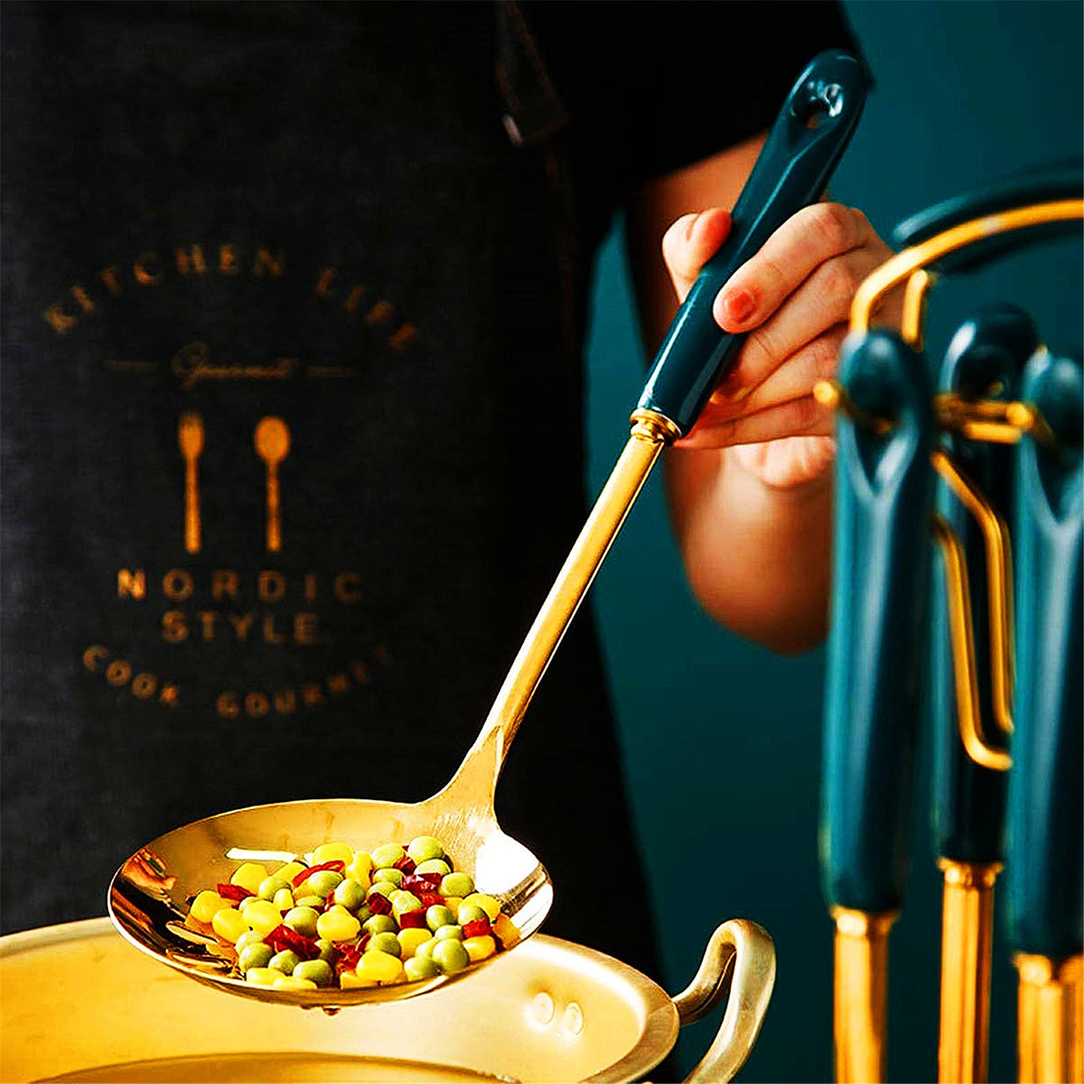 Premium 12-Piece Cooking Utensils Set with Holder - Stainless Steel Soup Ladle, Spatula, Slotted Turner, Skimmer Spoon & Rice Paddle - Non-Slip Heat Resistant Kitchen Tools for Frying, Baking & Cooking - Perfect for Home Chefs & Professional Kitchens