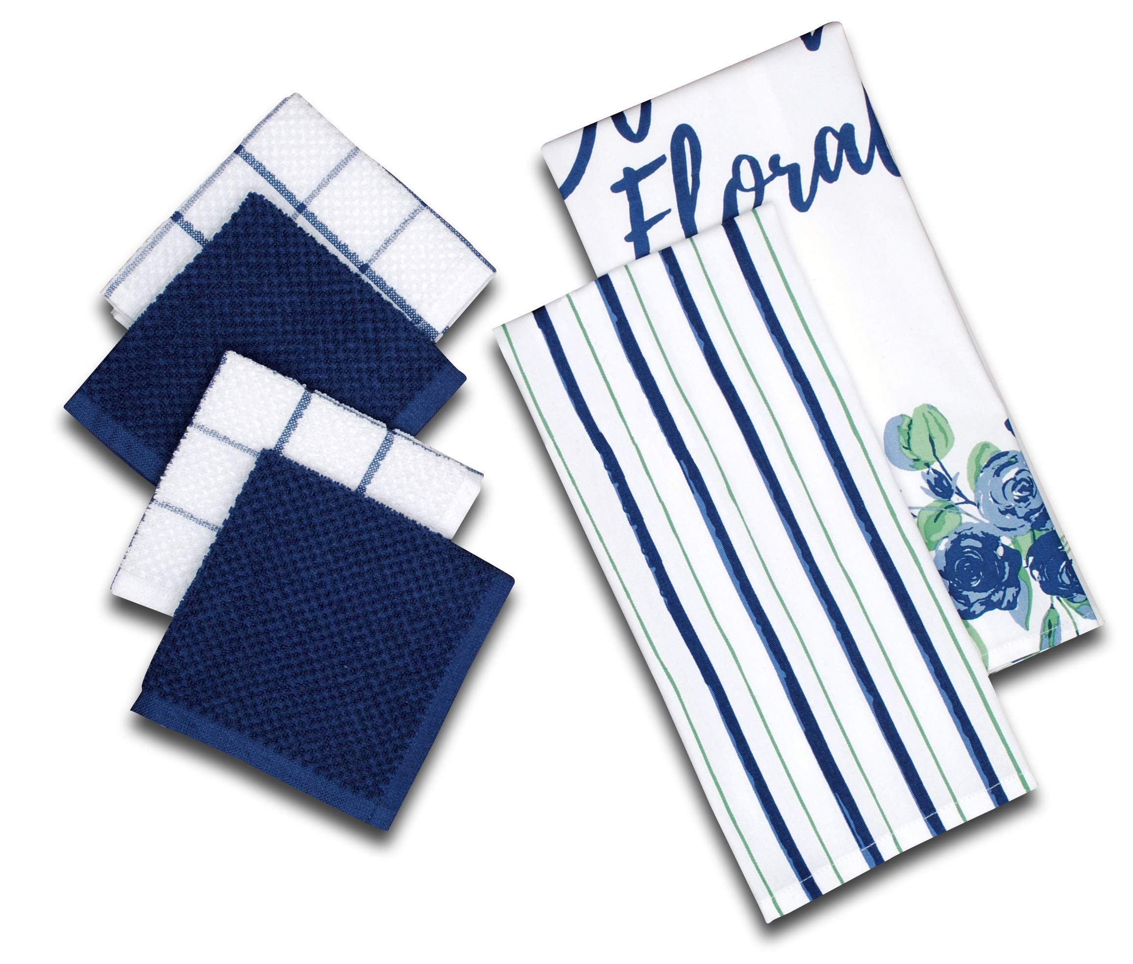 AMOUR INFINI 6-Piece Cotton Kitchen Towel Set - 4 Terry Dishcloths (12”x12”) & 2 Absorbent Kitchen Towels (28”x18”) - Blooming Floral Design for Dish Drying, Cleaning & Home Decor - Perfect Housewarming Gift & Kitchen Essentials