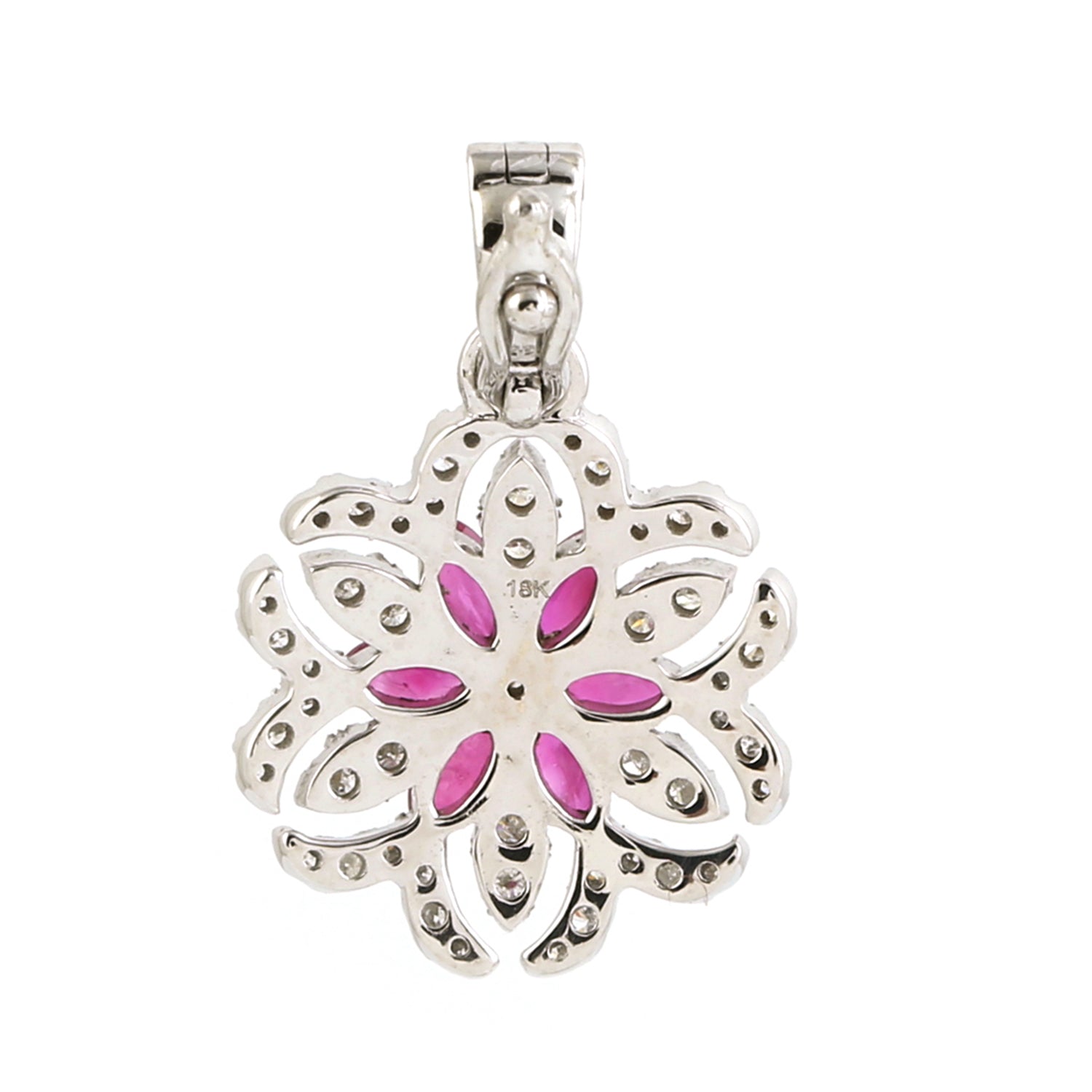 18K White Gold Marquise Cut Ruby & Diamond Floral Charm Pendant | Elegant Jewelry Gift for Women, Perfect for Weddings, Anniversaries & Special Occasions