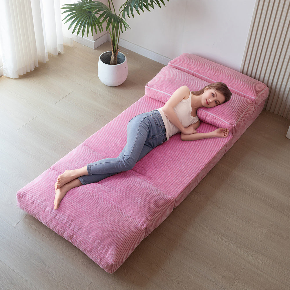 MAXYOYO Folding Sofa Bed - Extra Wide Corduroy Floor Bed in Pink | Convertible Sleeper for Small Spaces, Guest Room & Dorm | Comfortable Lounge Chair for Living Room, Bedroom & Office