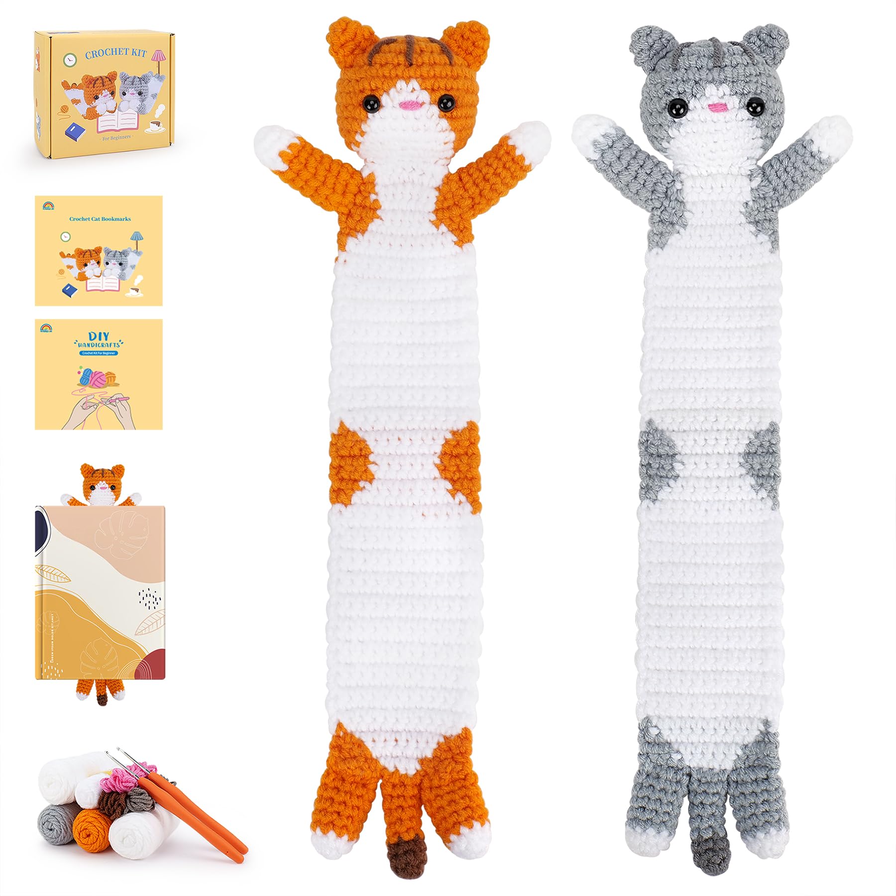 Beginner Crochet Kit - DIY Cat Crochet Set with Step-by-Step Video Tutorials, Complete Crocheting Supplies for Adults & Kids, Includes 2 Long Cat Bookmarks (Orange & Gray) - Perfect for Crafting, Gifts, and Book Lovers