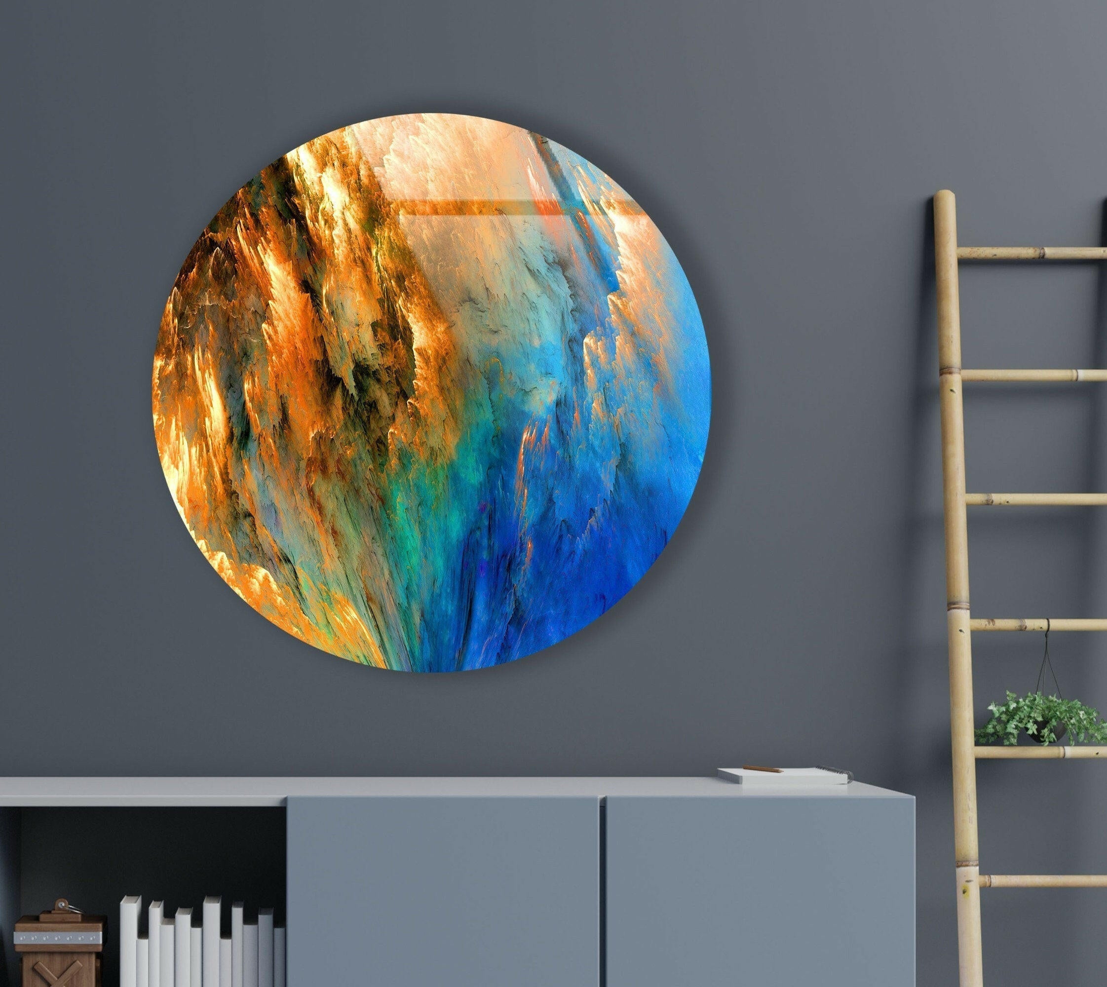 Blue & Orange Abstract Round Glass Wall Art Decor - Modern Handmade Glass Mosaic for Living Room, Bedroom, Office & Dining Area