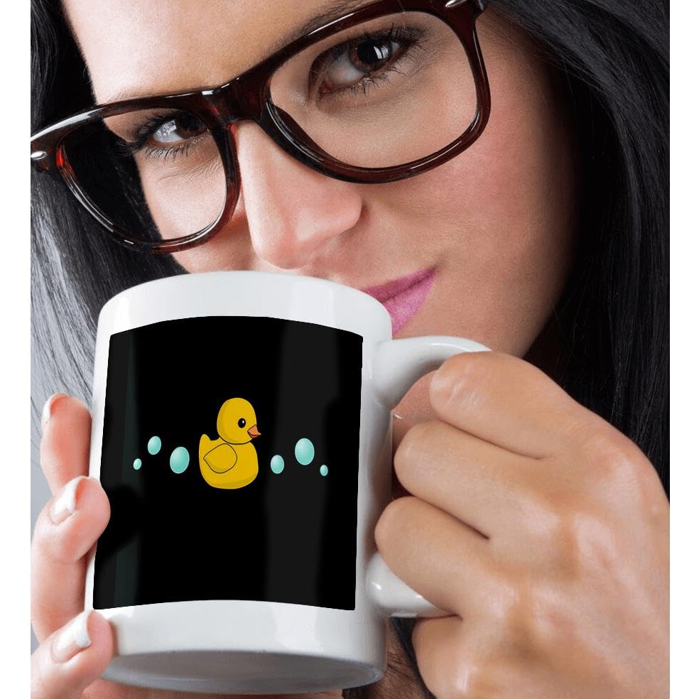 3D Printed 11oz Coffee Mug - Cute Yellow Rubber Duckie Cartoon with Soap Bubbles - Kawaii Ducky on Black - Adorable Sweet Duck Design - Funny Animal Gift for Coffee Lovers - Perfect for Office Use, Home Decor & Gift Giving