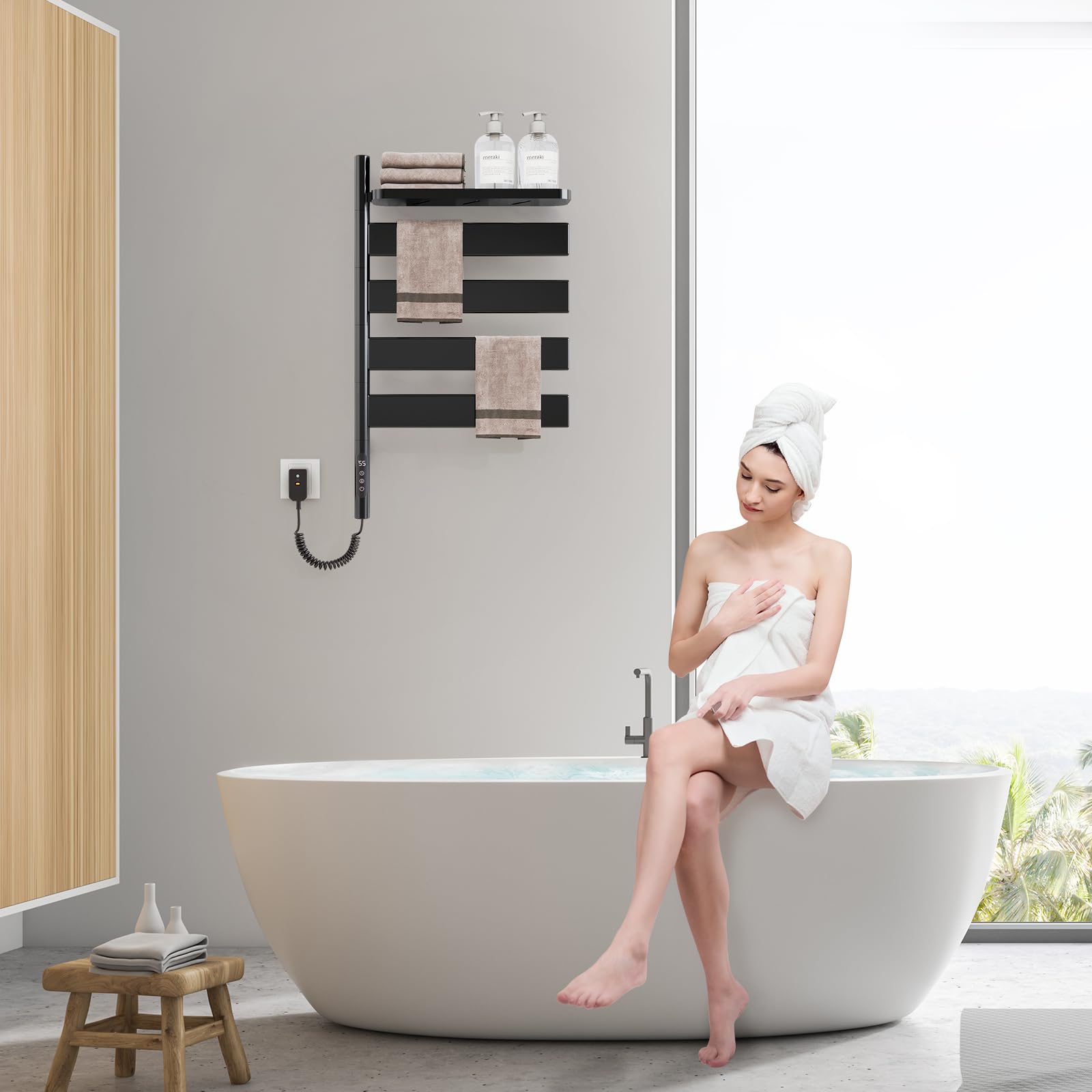 Swivel Heated Towel Rack - Wall Mounted Electric Towel Warmer with 4 Adjustable Bars & Built-in Timer for Bathroom, Salon & Spa - Includes Storage Tray - Perfect for Drying & Warming Towels, Robes & Bath Accessories (G69-Black)