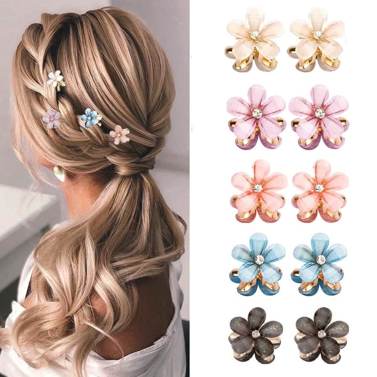 10pcs Mini Pearl Rhinestone Flower Hair Claw Clips - Gold Resin Hair Barrettes for Women & Girls | Small Hair Accessories for Parties, Weddings & Everyday Use