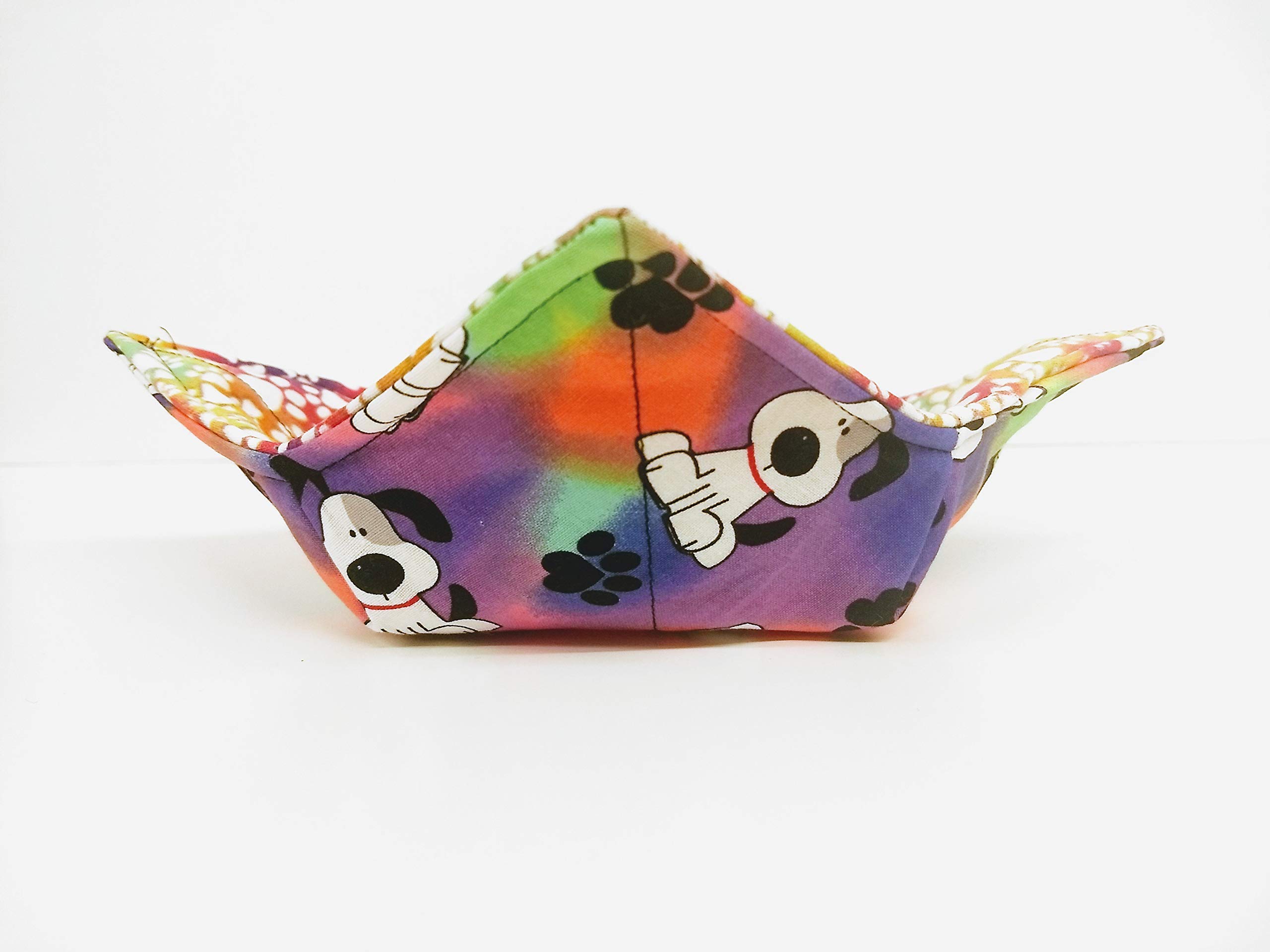 Microwave Safe Bowl Cozy - Tie Dye Puppy Dog & Paw Print Fabric - Handmade by Sewuseful Studios - Perfect for Hot Soup, Oatmeal & Microwave Meals - Reusable & Washable