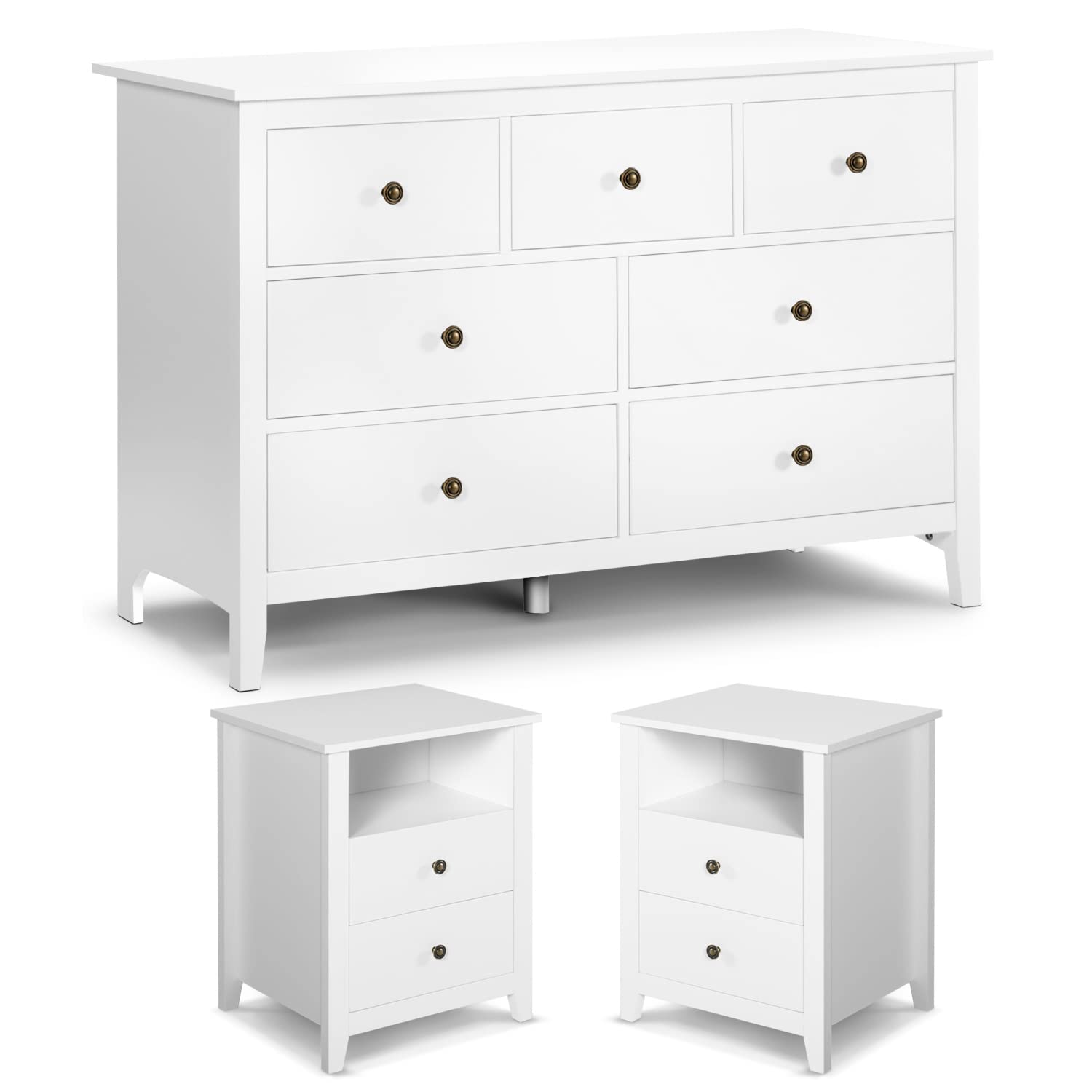 3-Piece Modern White Wooden Bedroom Set with 7-Drawer Dresser & 2-Drawer Nightstands - Perfect for Master Bedroom, Guest Room & Apartment Decor