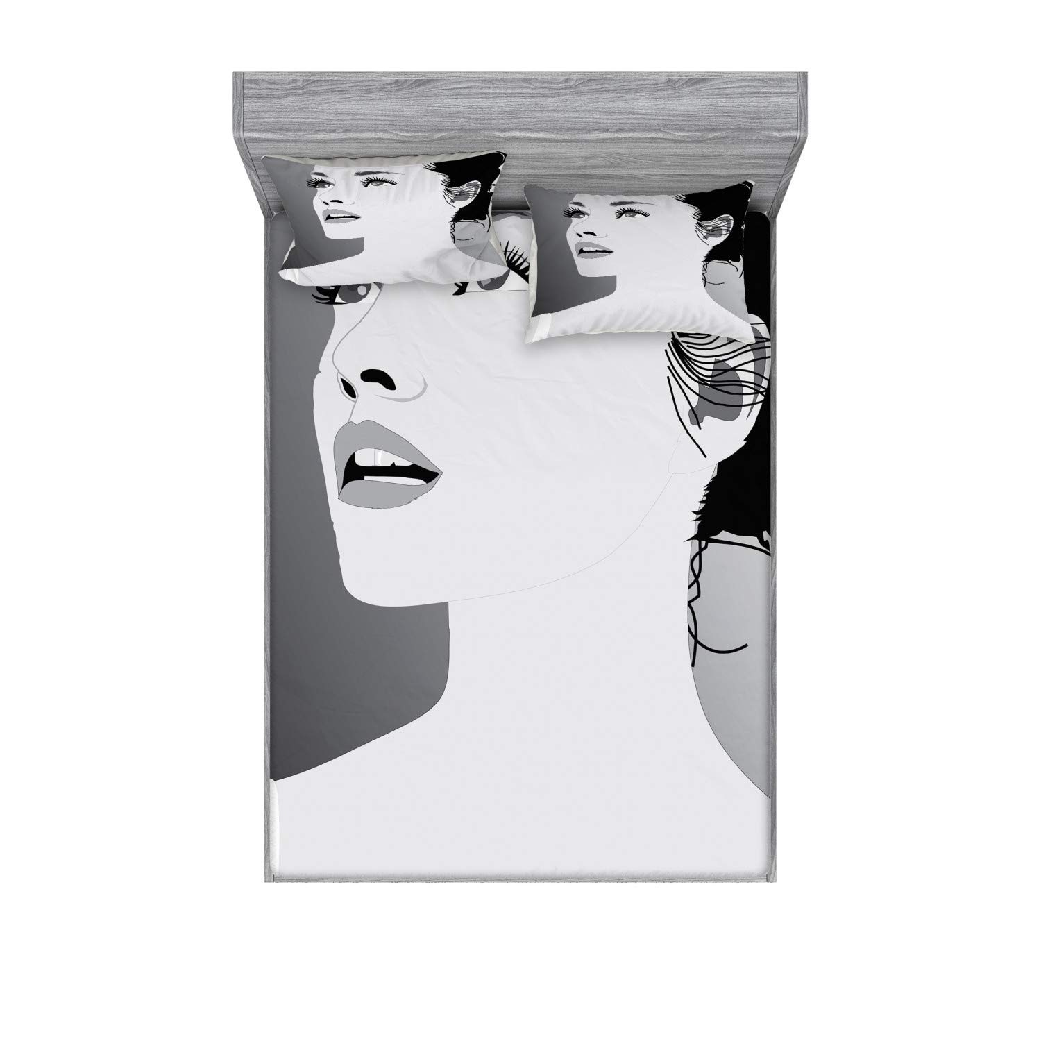 Ambesonne Retro 3-Piece Bedding Set - Fitted Sheet & Pillow Sham with Digital Art Print of Young Woman, Full Size Black Grey, Vintage Home Decor for Bedroom, Guest Room & Dorm