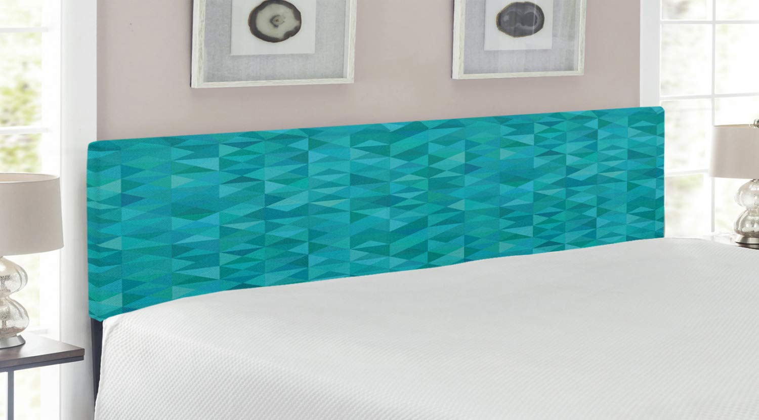 Ambesonne King Size Teal Headboard - Modern Geometric Abstract Art with Triangles & Squares in Blue Shades, Upholstered Metal Bed Frame with Memory Foam - Perfect for Contemporary Bedrooms & Master Suites (Turquoise Aqua)