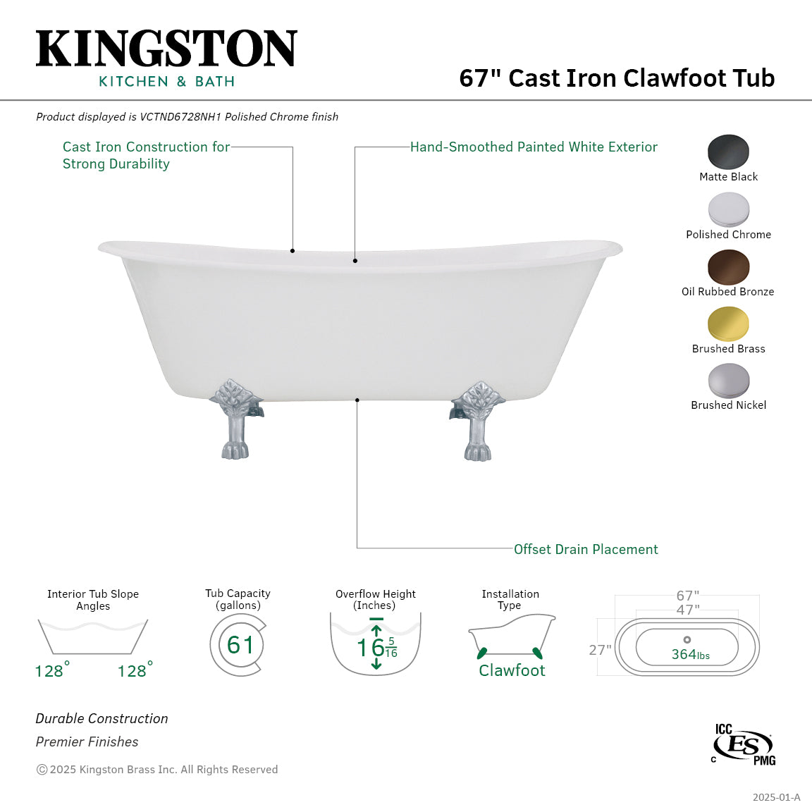 67 Inch White Cast Iron Clawfoot Bathtub - Oval Double Slipper Design with Brushed Brass Feet | Vintage Freestanding Soaking Tub for Bathroom Remodel & Spa Relaxation