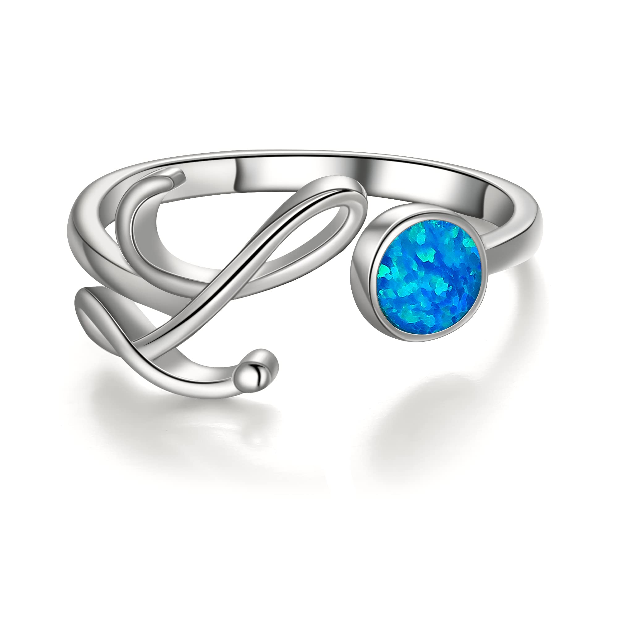 925 Sterling Silver Initial Ring with Opal - Personalized Letter Ring for Women, Adjustable Alphabet Open Ring, Elegant Mother's Day Gift for Her - Perfect for Birthdays, Anniversaries & Special Occasions