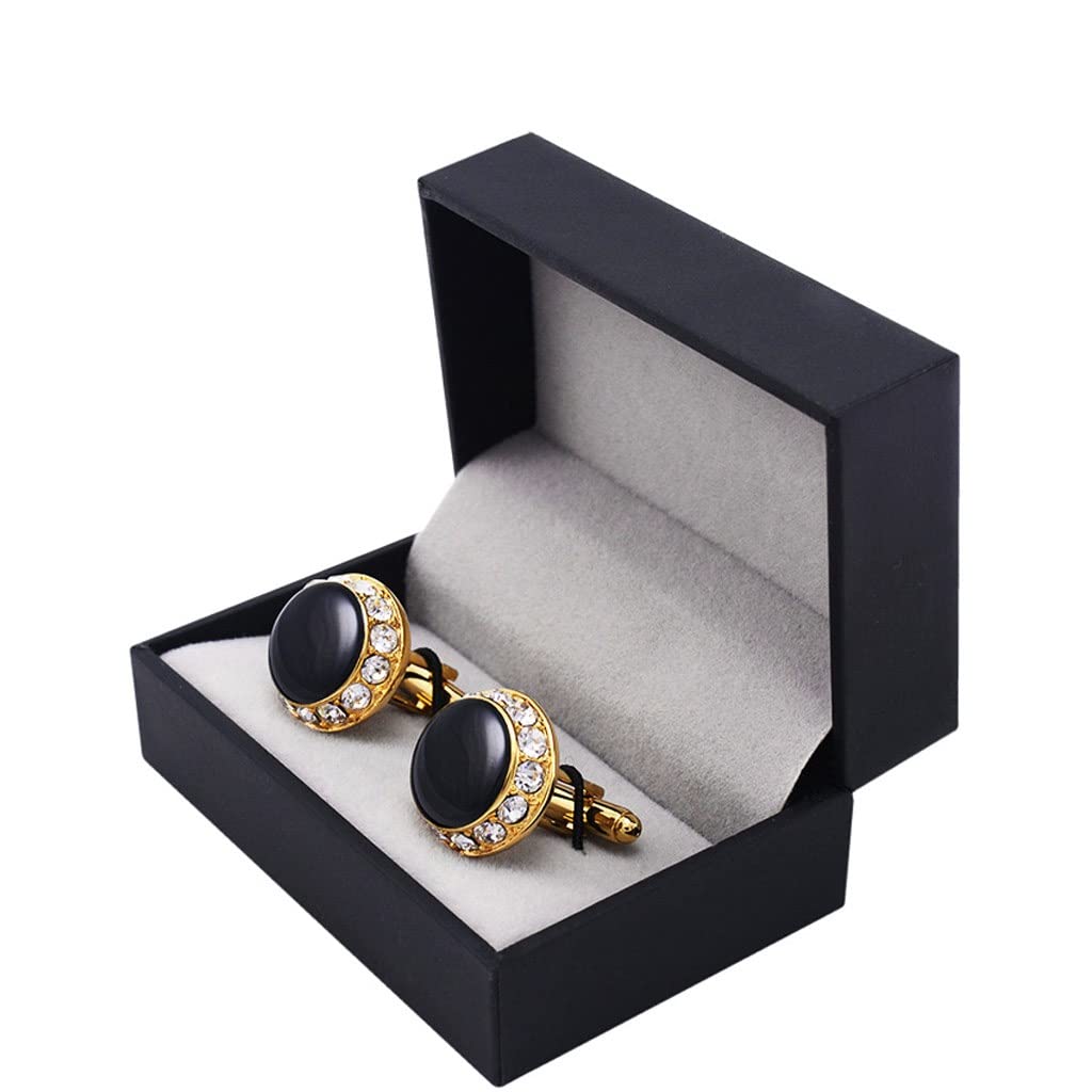 Elegant Gold-Tone White Crystal Cufflinks for Men - Black Enamel Dress Shirt Buttons, Perfect for Wedding, Groomsmen Gifts & Formal Occasions