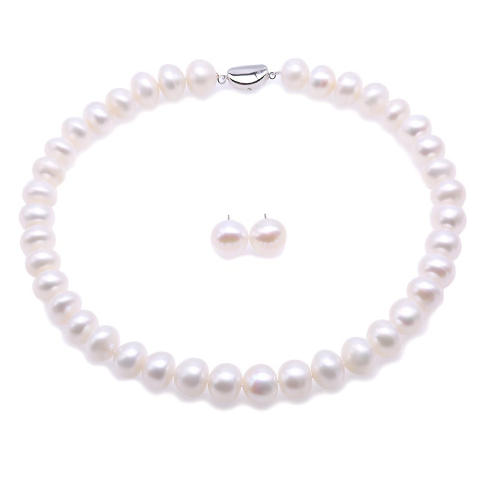 JYX 12-13mm White Freshwater Pearl Necklace and Earrings Set for Women | Elegant Bridal Jewelry, Wedding Gift, Anniversary Present, Formal Occasion Accessories