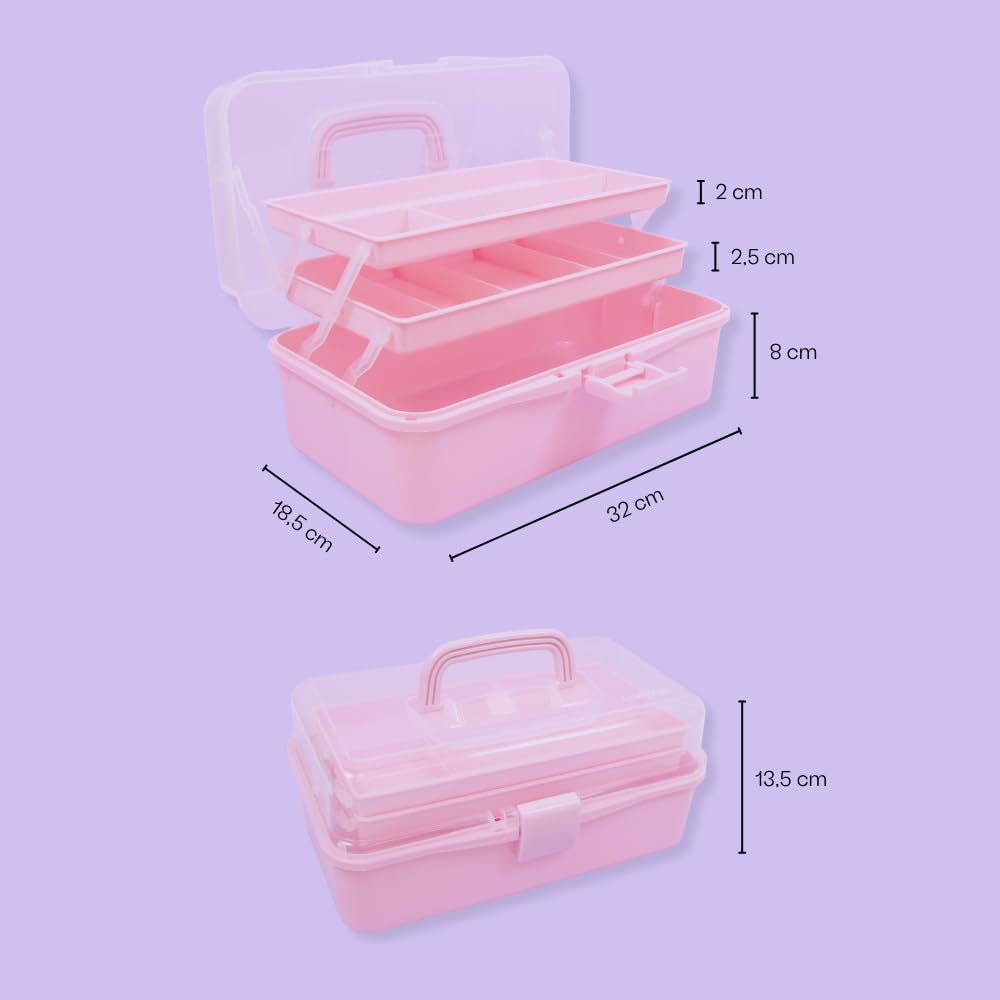 Craftelier Portable Craft Box Organizer with Handle & 3 Trays - Pink Art Supply Storage Case for Scrapbooking, Beading, Sewing - 12.8