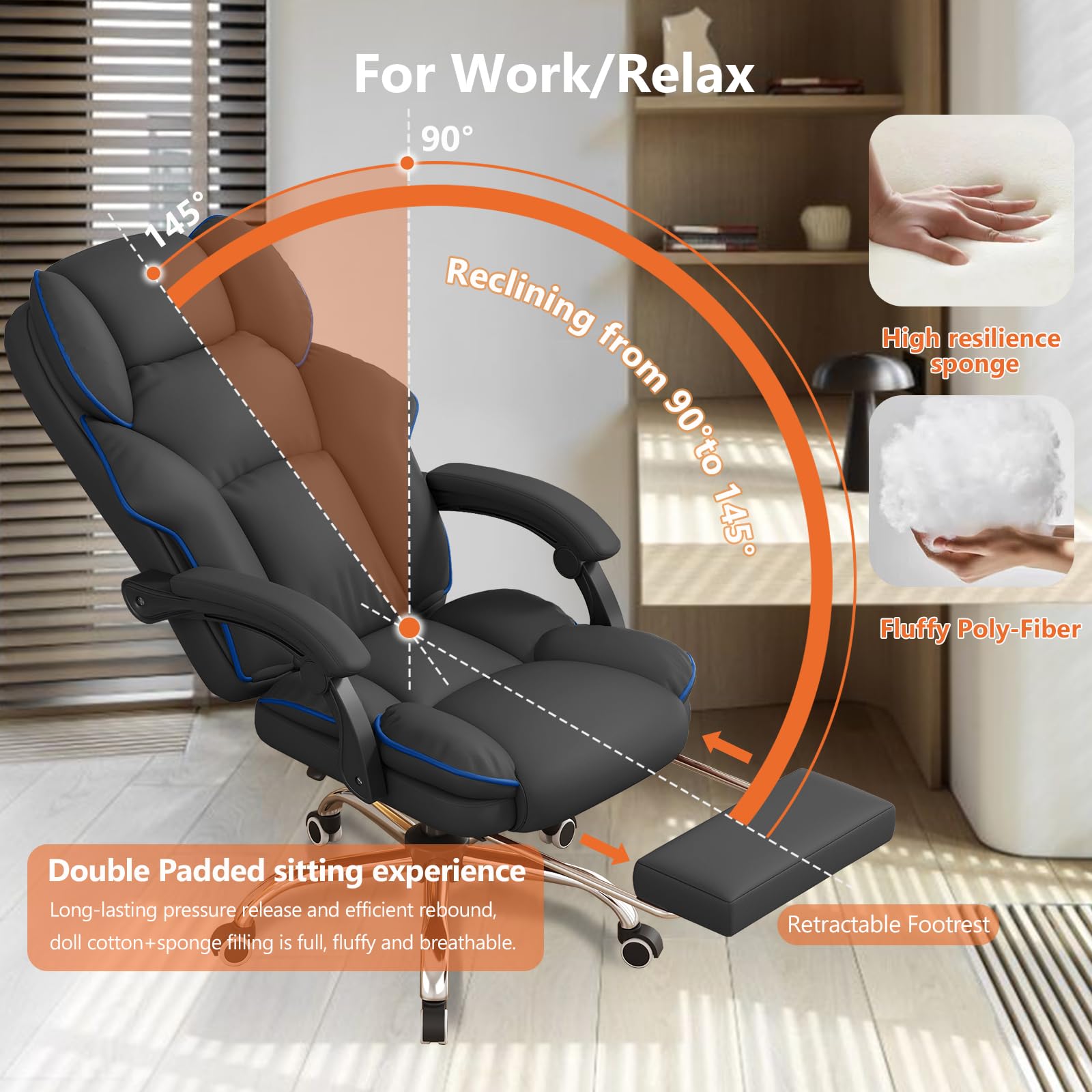 Premium Ergonomic Executive Office Chair - PU Leather High Back Computer & Gaming Chair with Adjustable Height, Footrest & Wheels - Black - Perfect for Home Office, Gaming Setup & Professional Workspaces