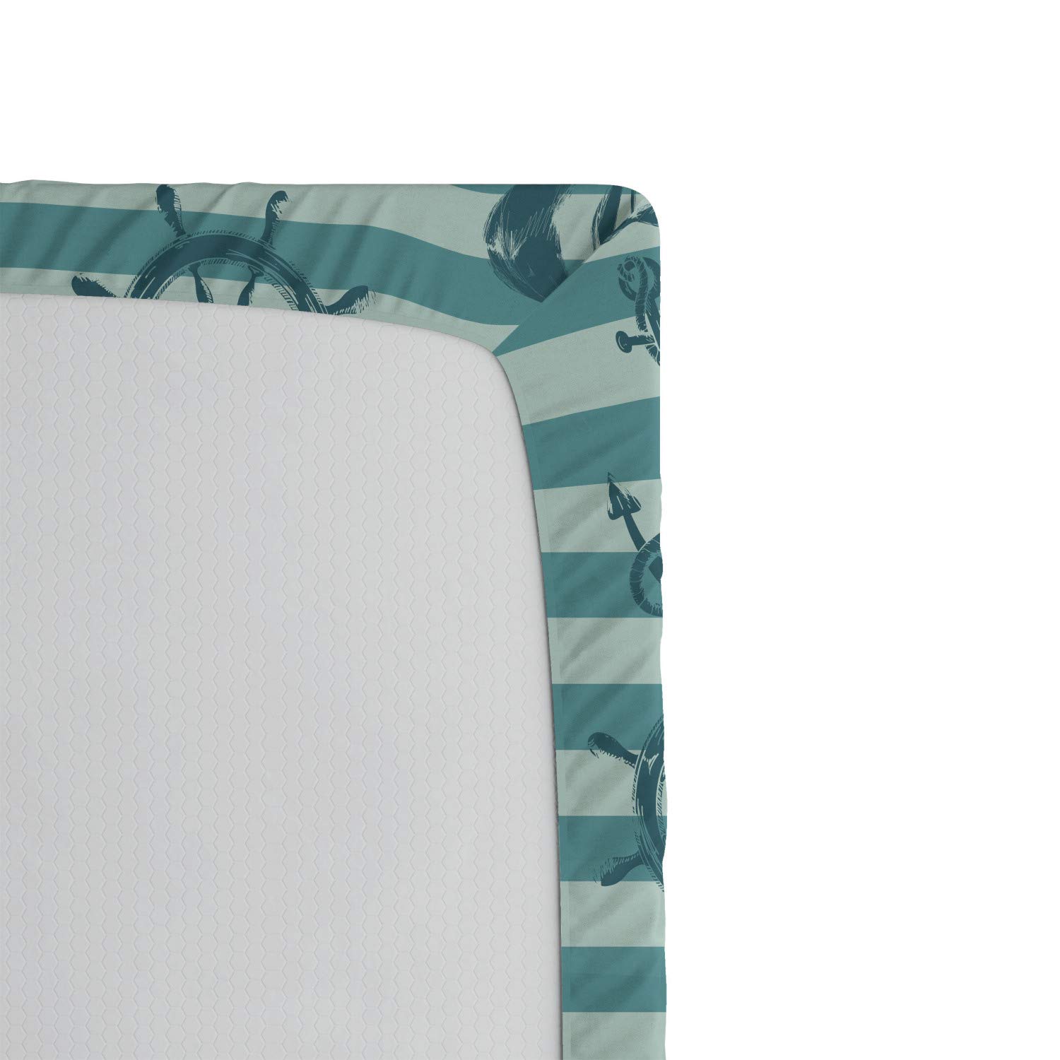 Ambesonne Ships Wheel Fitted Sheet - Retro Marine Pattern with Anchor & Starfish on Striped Background - Deep Pocket Elastic Twin XL Bed Sheet - Teal Beige - Perfect for Nautical Themed Bedrooms & Coastal Decor