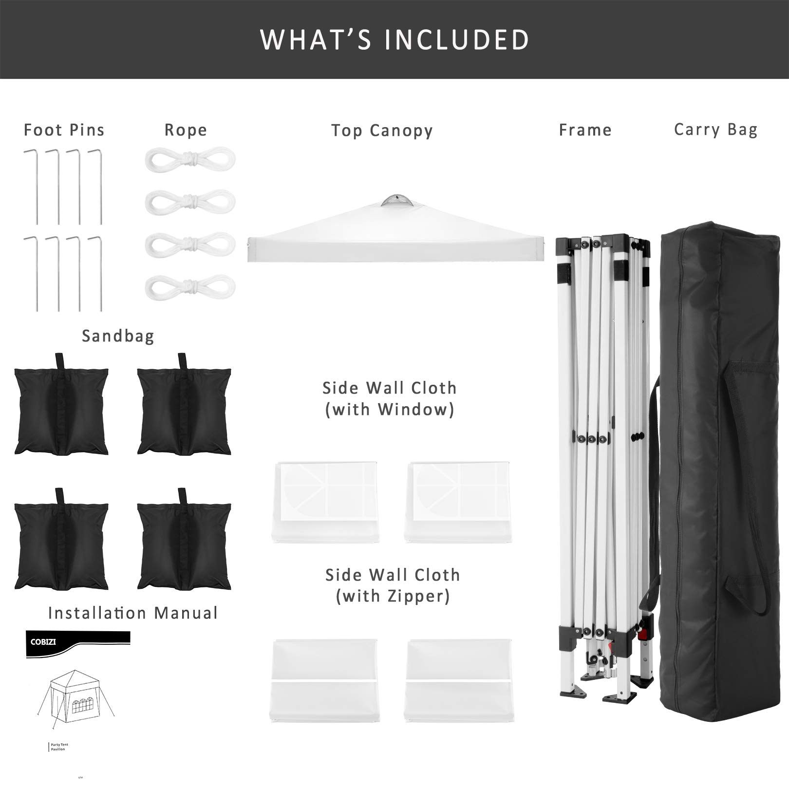 COBIZI 10x10 Pop Up Canopy Tent - Waterproof Instant Gazebo with 4 Sidewalls for Outdoor Events, Parties, Backyard & Commercial Use - Includes 4 Sandbags, 4 Stakes & 8 Ropes (White) - Perfect for Picnics, Farmers Markets, Beach Days and Tailgating