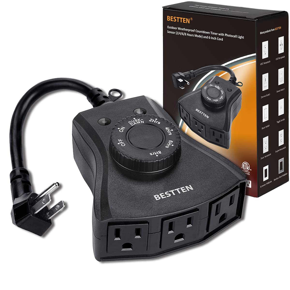 Best Outdoor Timer with Photocell Sensor & 3 Grounded Outlets - Dusk to Dawn/Countdown Timer - Weatherproof Plug-in Switch for Holiday Decorations, Christmas Lights, Landscape Lighting - Perfect for Patio, Garden & Yard Decor