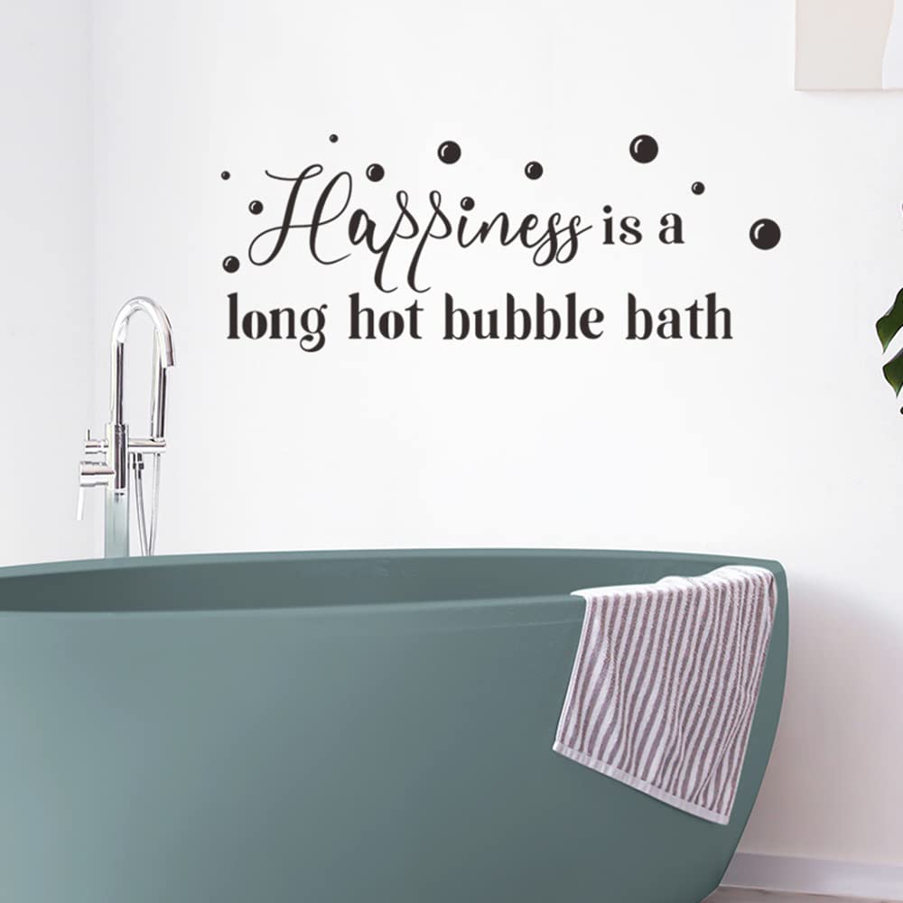 Happiness is a Long Hot Bubble Bath - Funny Bathroom Quote Decal Sticker (27.6x11.8 Inch) - Waterproof Vinyl Wall Art for Shower, Tub & Home Decor