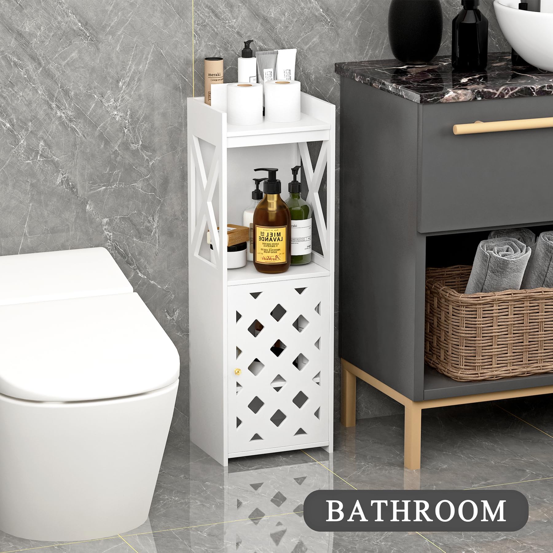 BYFU White Freestanding Bathroom Storage Cabinet with Door & Open Shelf - Narrow Space Organizer for Bathroom, Kitchen, Living Room | Perfect for Small Spaces, Apartment Storage & Home Organization