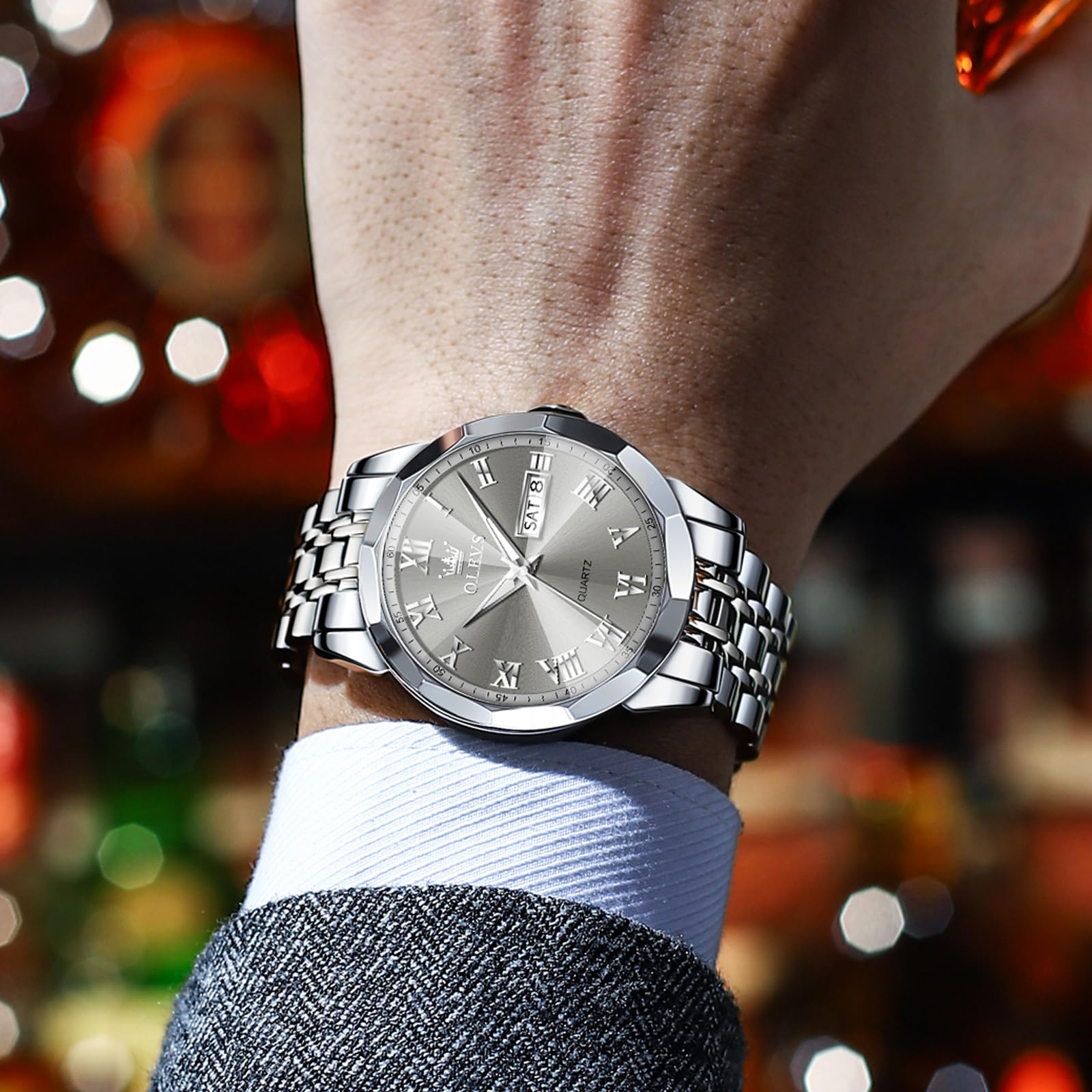 Luxury Men's Watches - OLEVS Stainless Steel Dress Watch with Date (Silver/Gold/Blue/Black) | Diamond/Roman/Arabic Numeral Dial | Waterproof for Swimming & Daily Wear | Perfect for Business, Formal & Casual Occasions