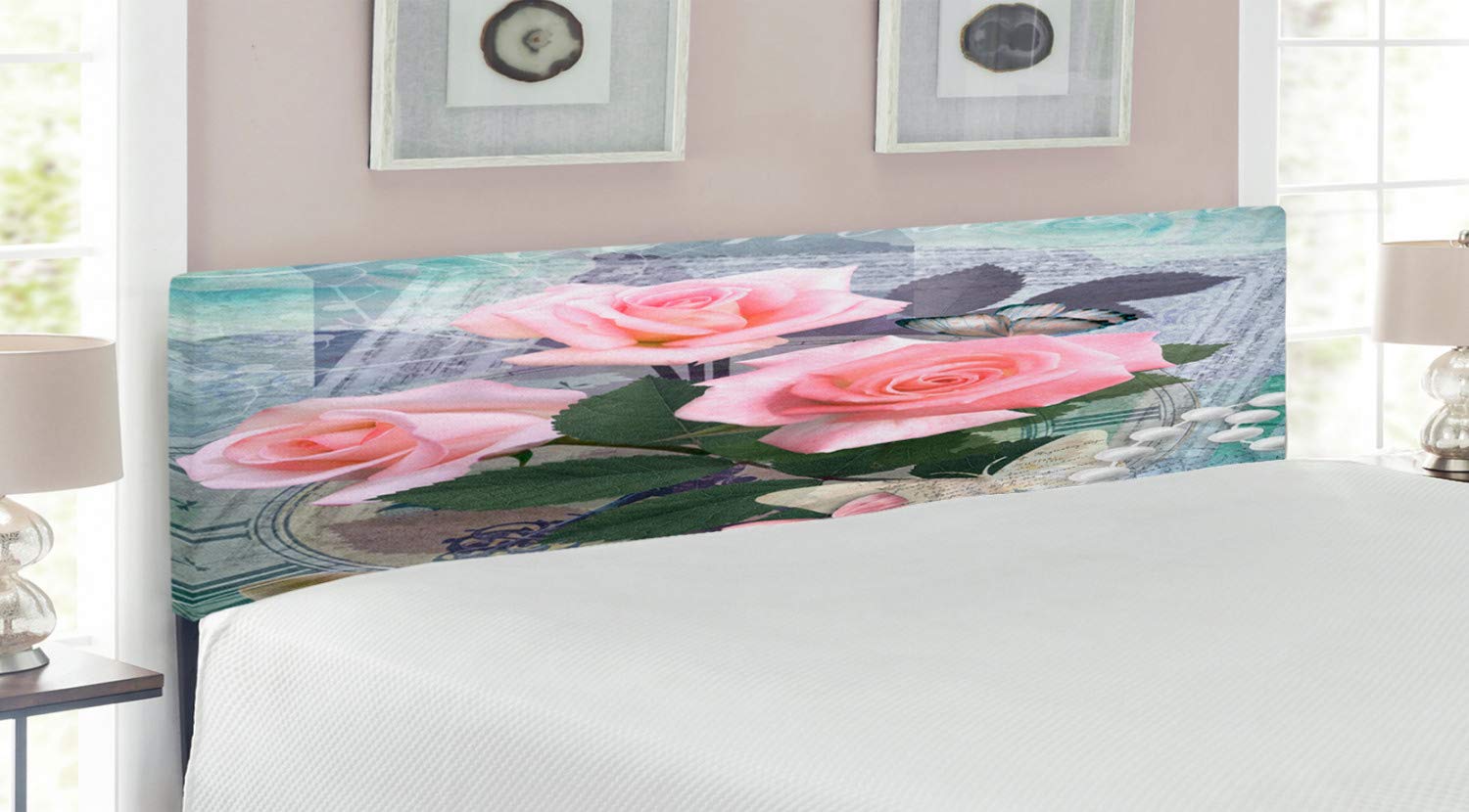 Ambesonne King Size Upholstered Headboard with Memory Foam - Classic Rose & Pearls Romantic Design, Pink Grey Metal Bed Frame for Master Bedroom Decor | Perfect for Romantic Bedroom, Guest Room & Luxury Hotel Decor