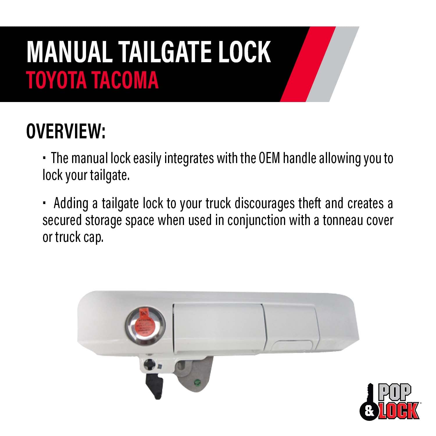 POP & Lock PL5403 Manual Tailgate Lock with Bolt Technology for Toyota Tacoma (2005-2015) | Super White | Secure Truck Bed & Prevent Theft | Perfect for Camping, Construction & Outdoor Adventures