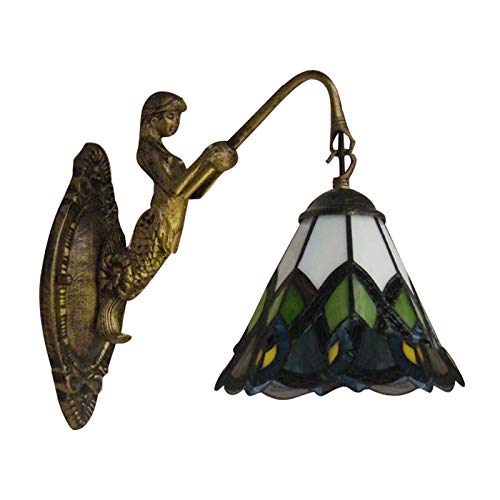 LITFAD Mermaid Wall Sconce with Peacock Tail Tiffany Stained Glass Shade - Decorative LED Wall Lamp for Staircase, Bedroom, Hotel & Restaurant - Perfect for Coastal, Nautical or Mermaid Theme Decor