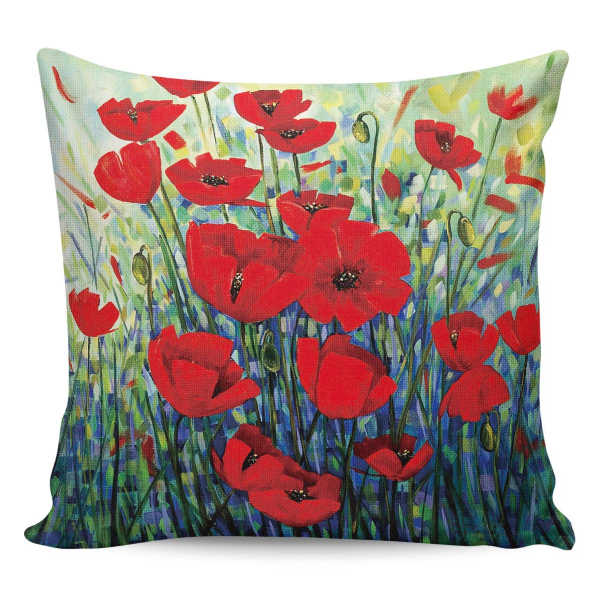 20x20 Inch Square Poppy Flower Oil Painting Throw Pillow Covers - Soft Cushion Cases for Sofa, Couch & Bed Decor - Home Living Room & Bedroom Decorative Accent Pillows